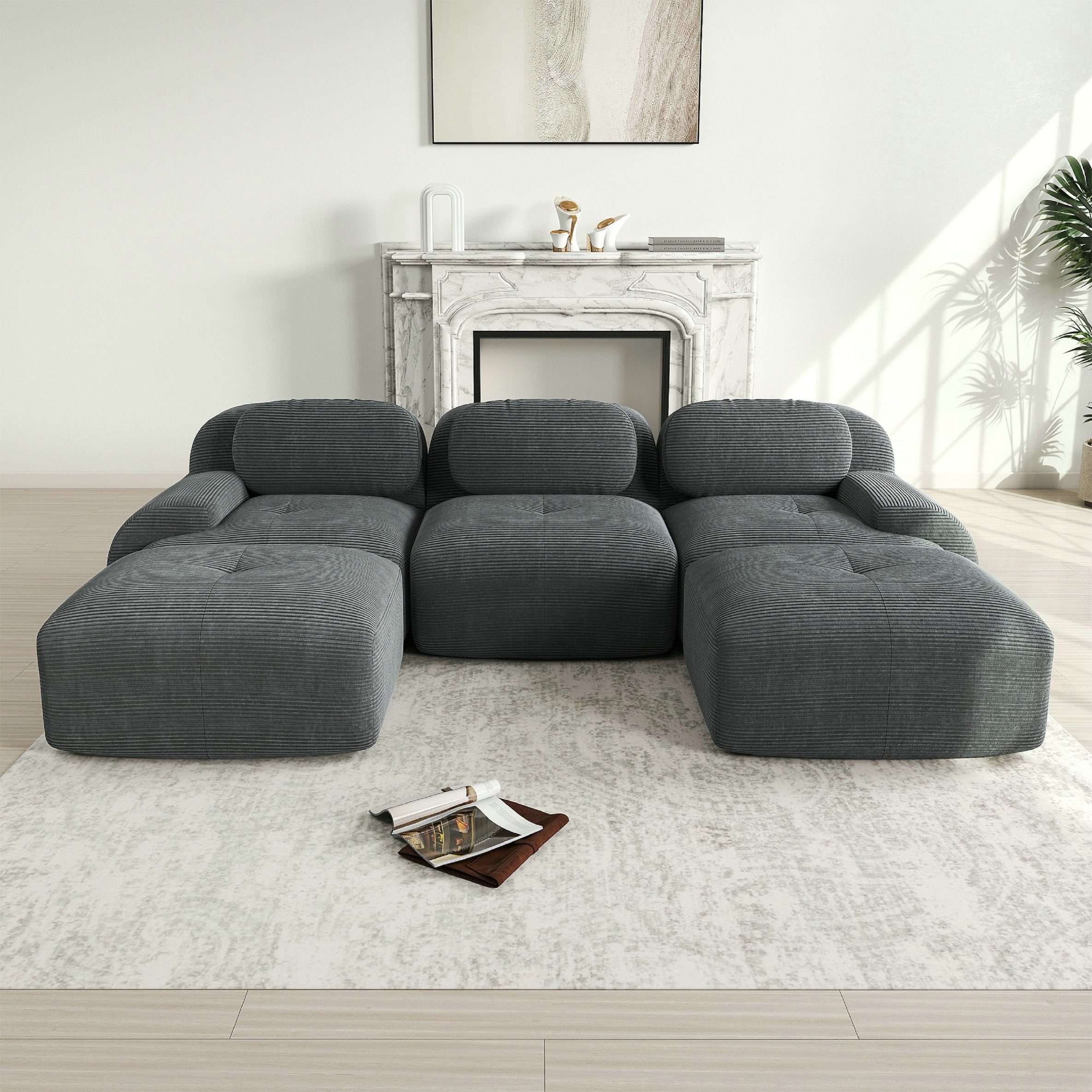 Canapé d\'angle modulable 3 places avec 2 poufs en velours côtelé - Accroupiers extra-larges- Tissu velours côtelé respirant - gris - 2