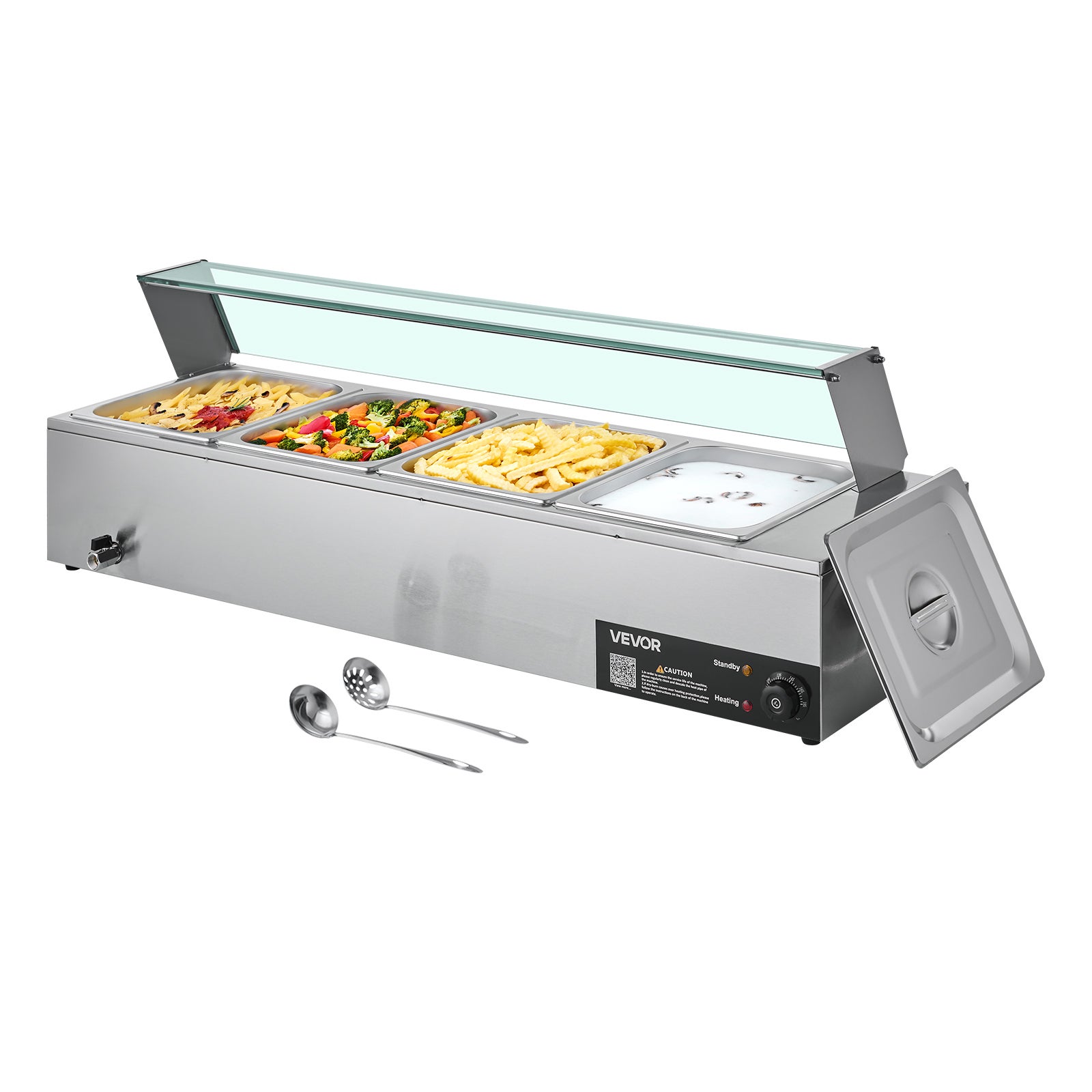 Podgrzewacz Parowy VEVOR 1500 W, Stal Nierdzewna, 4 Pojemniki 1/2, Szklana Pokrywa, Do Bufetu