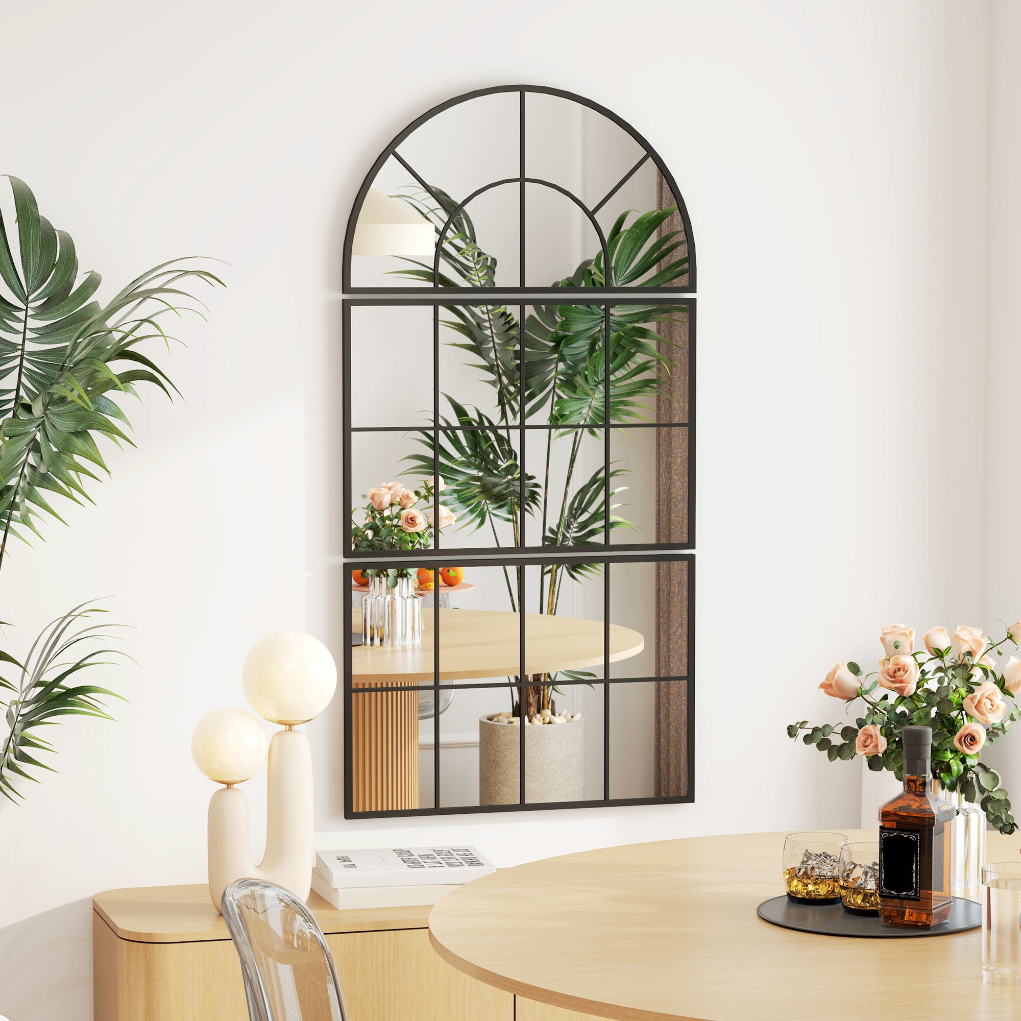 Espejo de pared de tres piezas, espejo arqueado con marco de metal, espejo decorativo para ventana, espejo colgante para baño, sala de estar, negro - 2