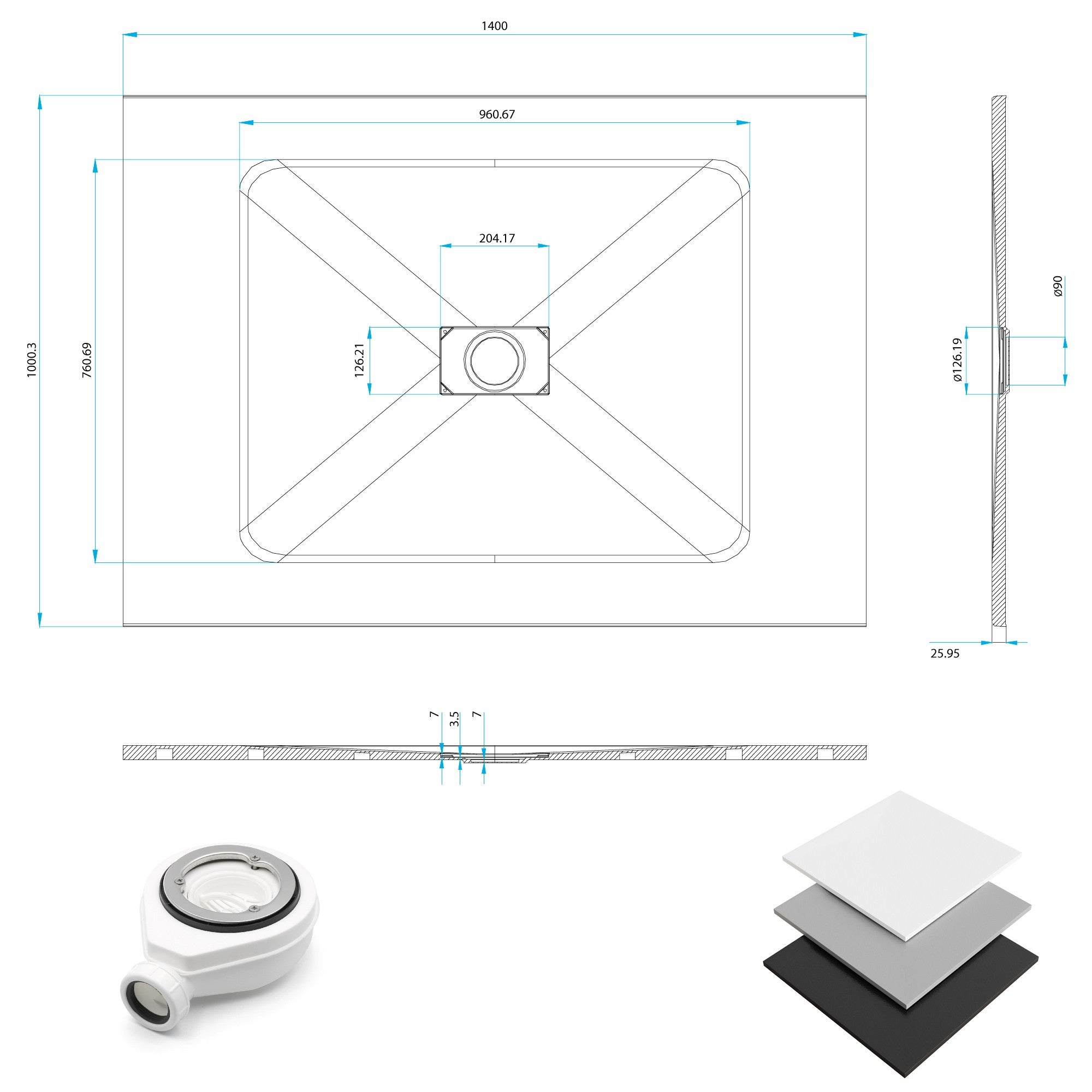 BAYA Receveur de douche 100 x 140 cm Blanc extra-plat aspect pierre + bonde incluse - 5