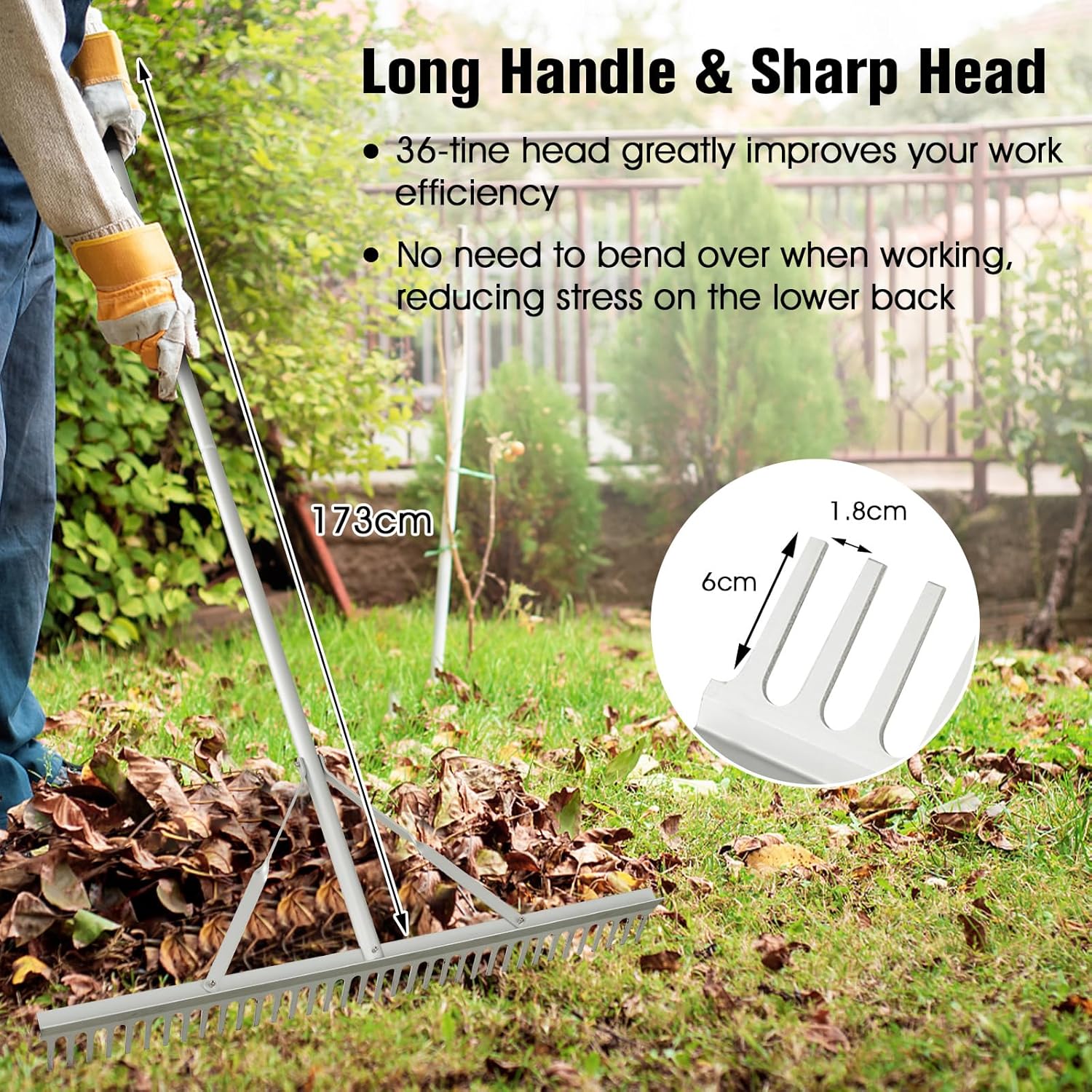 Grabie Ogrodowe z Aluminium z Dwustronną Głowicą o Długości 91 cm, 36 Zębami i Antypoślizgowym Trzonkiem o Długości 174 cm do Spulchniania Gleby - 8