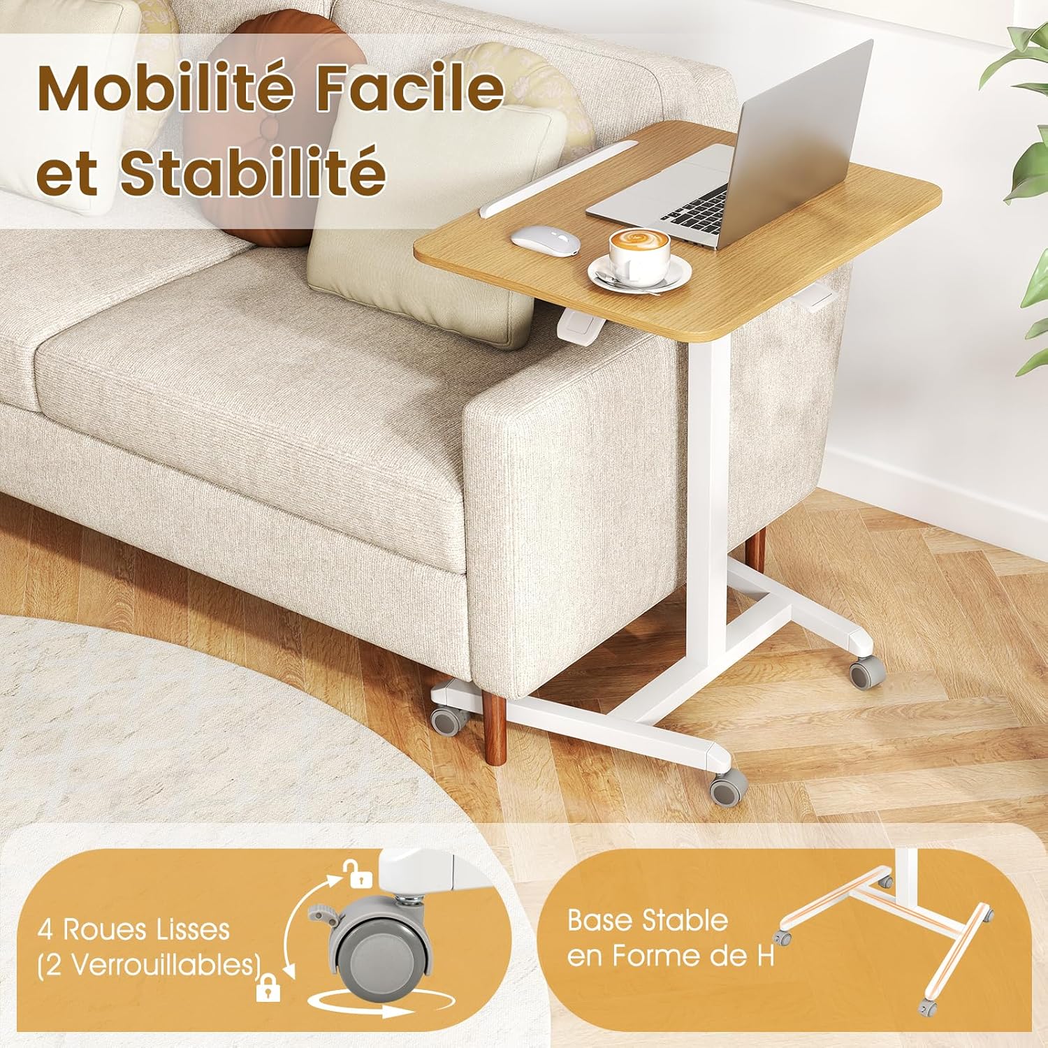 Bureau Assis-Debout, Hauteur Réglable 76-111cm, Plateau Inclinable à 90°, Mobile avec roulettes (2 Verrouillables), avec Crochet et Porte-gobelet - 7