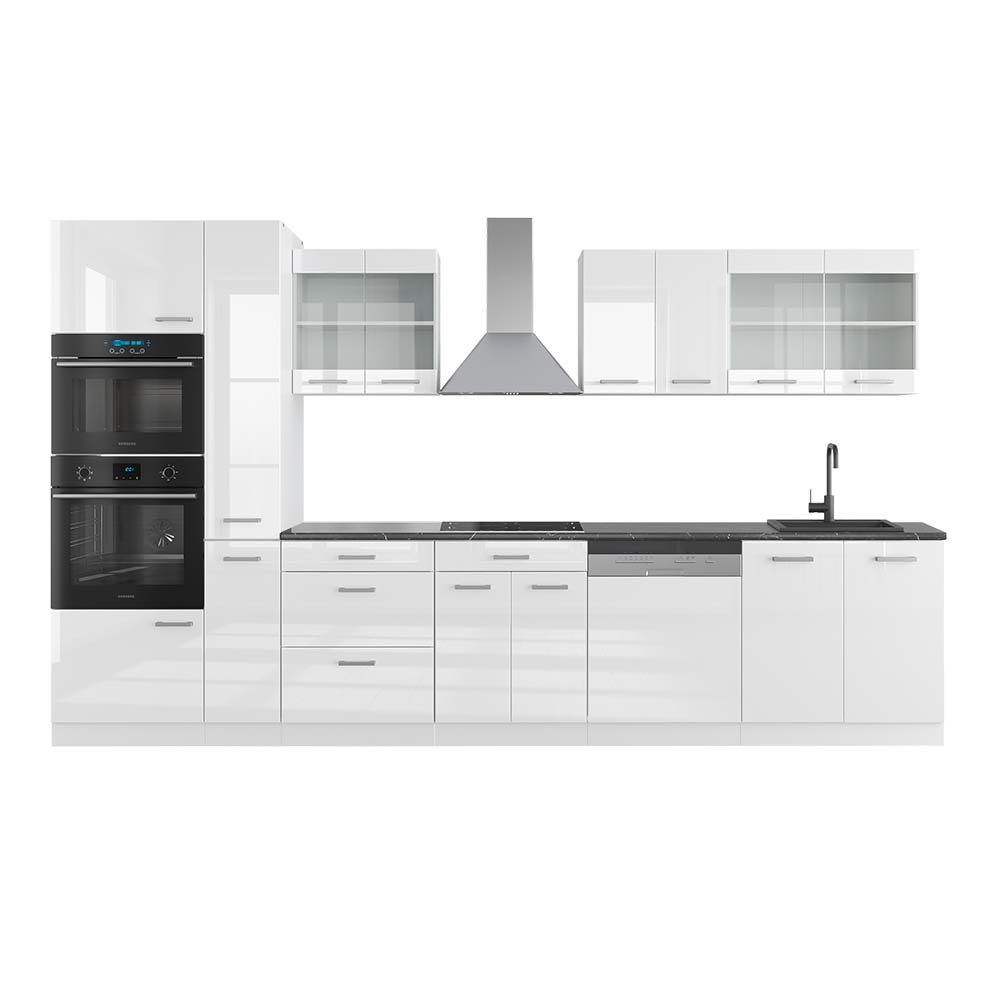 Bloc Cuisine Vicco R-Line 60cm - Blanc Brillant - Plan De Travail Marbre - 2 Tiroirs + 4 Étagères