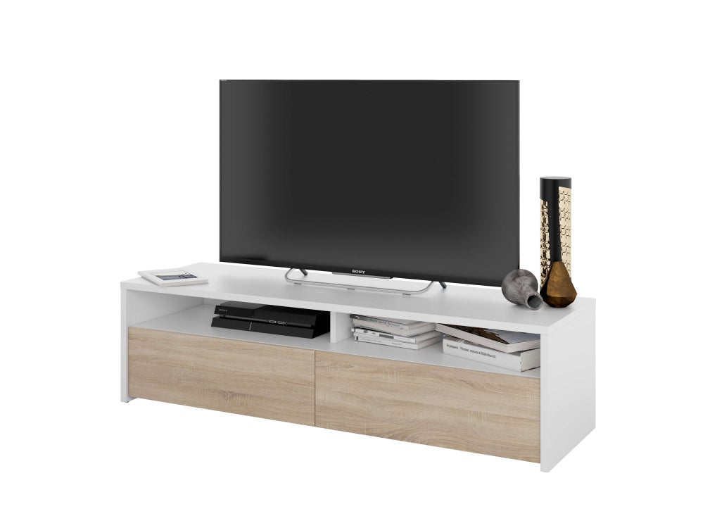 Meuble TV LOLA 2 portes battantes et 2 niches de rangement L130 cm - Blanc / Bois - 4
