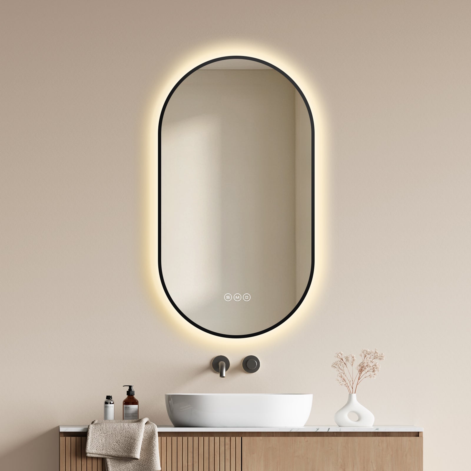 EMKE Oglindă baie LED 45 x 75 cm - Ovală cu ramă neagră - Funcție antiaburire, 3 culori de lumină, intensitate reglabilă