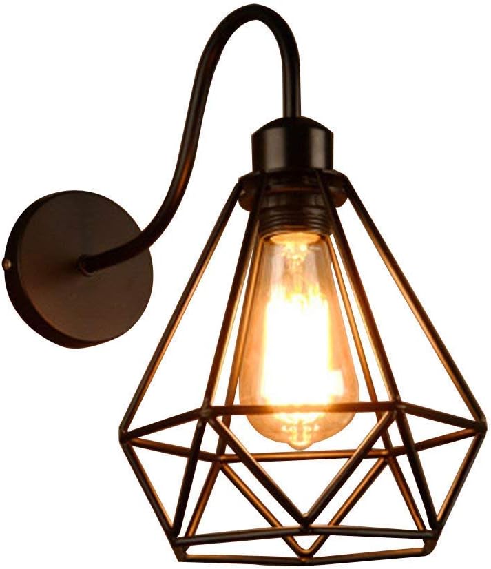 Applique Da Parete Vintage In Legno E Metallo, Stile Industriale, Portalampada E27, Base Rotonda Nera, Dimensioni 10x15 Cm, Senza Lampadina