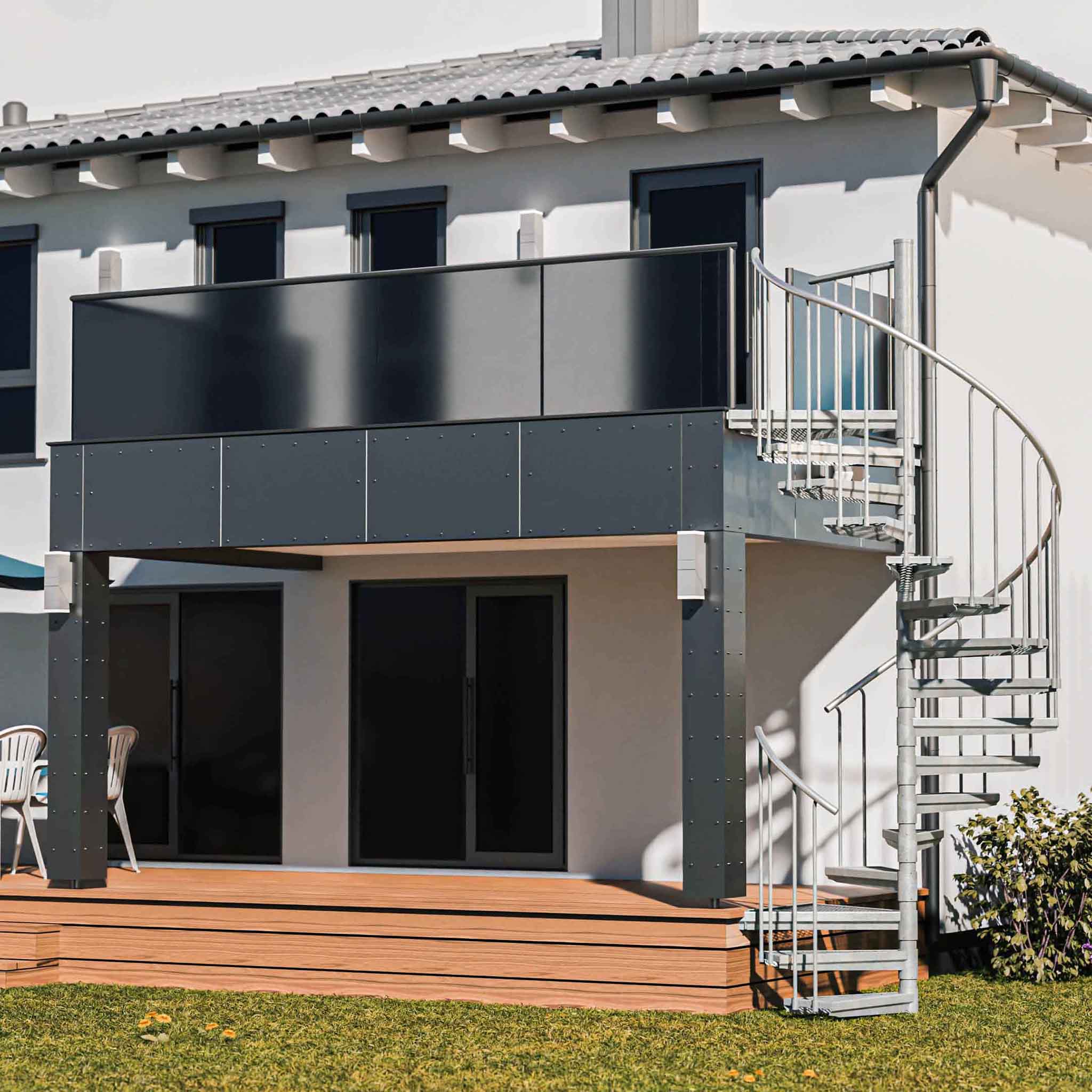 Escada exterior / Escada em espiral Ø 225 cm | Alturas : 324 - 341 cm | Revestimento dos degraus em WPC - 3