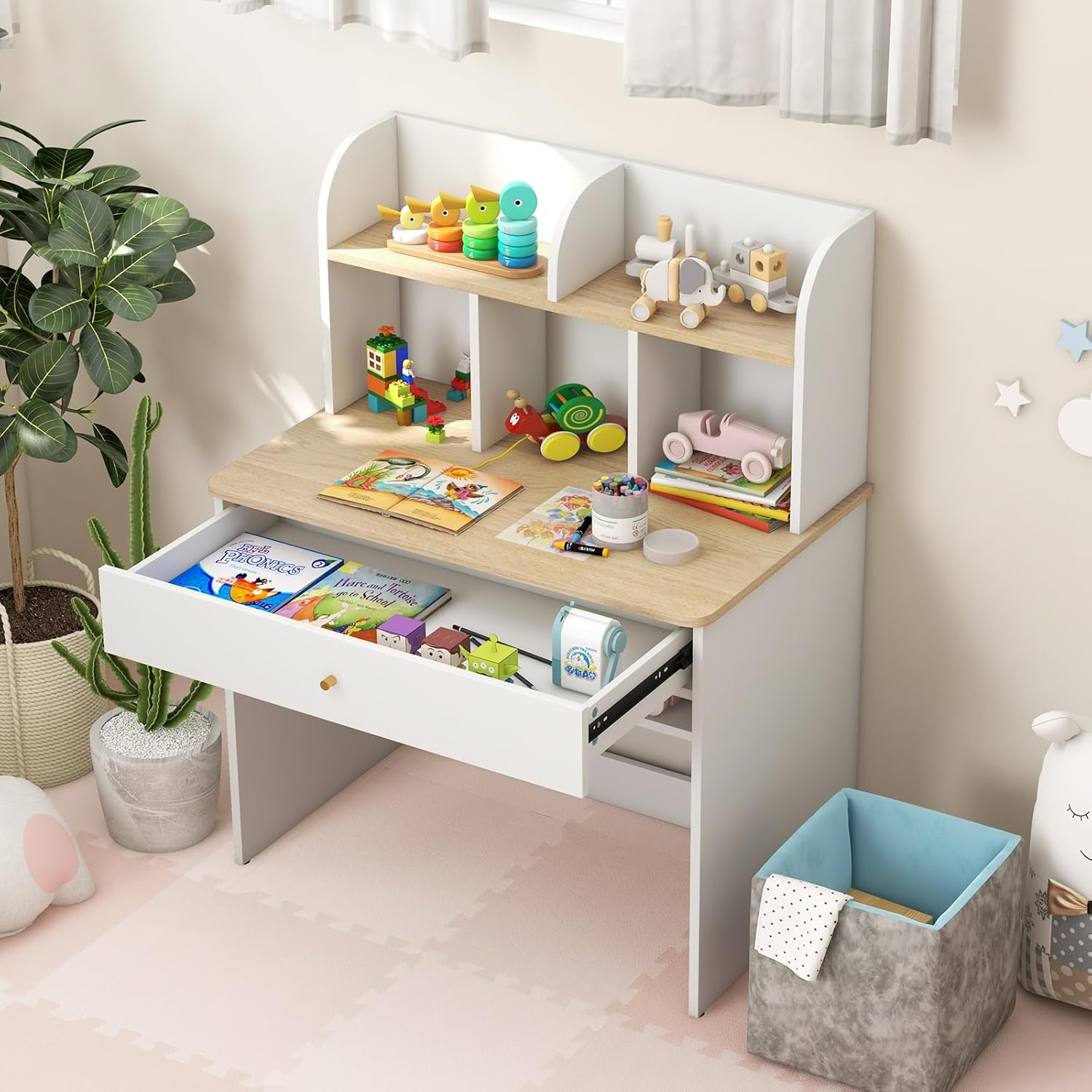 Bureau Enfant LIFEZEAL Avec Rangement - Bois Blanc, 80x48cm - Tiroir, Étagères - Pour Devoirs, Dessin - Dès 3 Ans