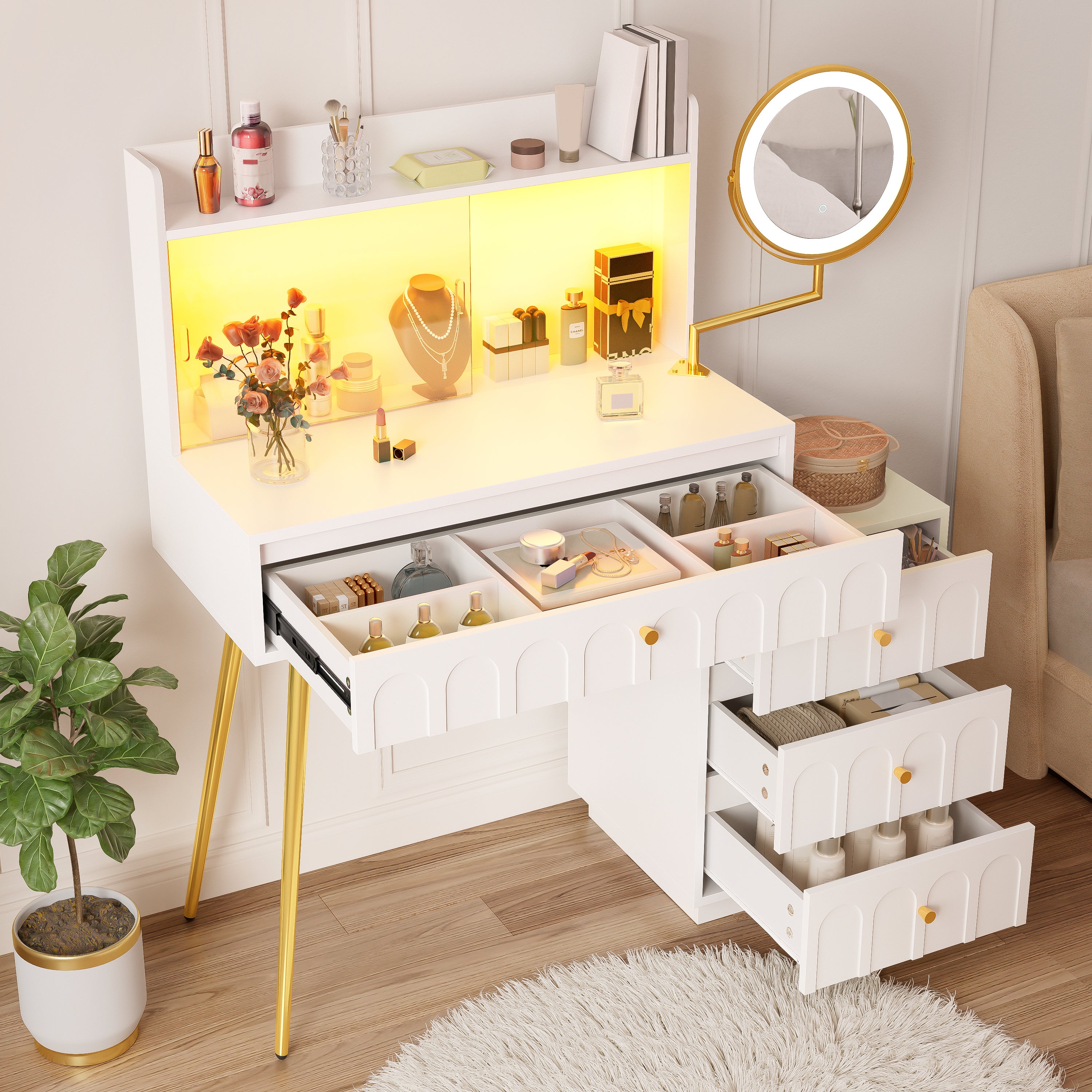 Toaletka z obrotowym lustrem LED, 2 drzwiami przesuwnymi ze szkła i 4 szufladami - 112 x 40 x 116 cm - Płyta wiórowa + MDF - Kolor biały