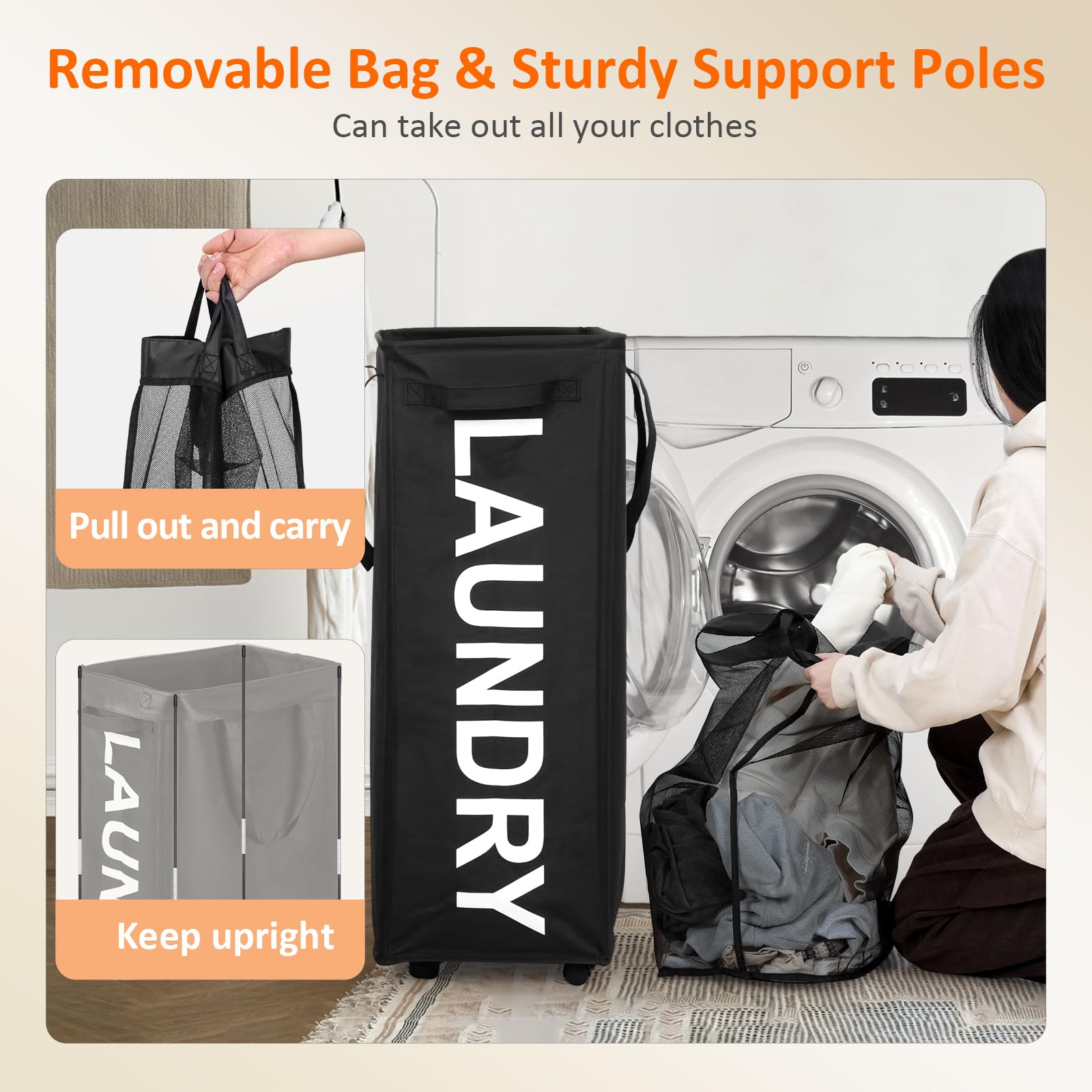 Whemyreat Panier à Linge Empilable,Panier à Linge Avec Roulettes,Chariot Linge Roulant,Panier à Linge En Plastique Avec PoignéEs,Support Pour Panier à Linge Sale,Corbeille à Linge Pliable (4 Niveaux