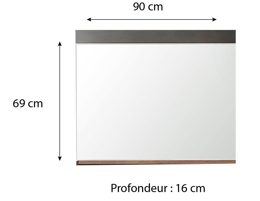 INDY - Meuble d'entrée - Miroir avec tablette en mélaminé coloris gris ciment. L - H - P : 90 - 62 - 20 cm - 3