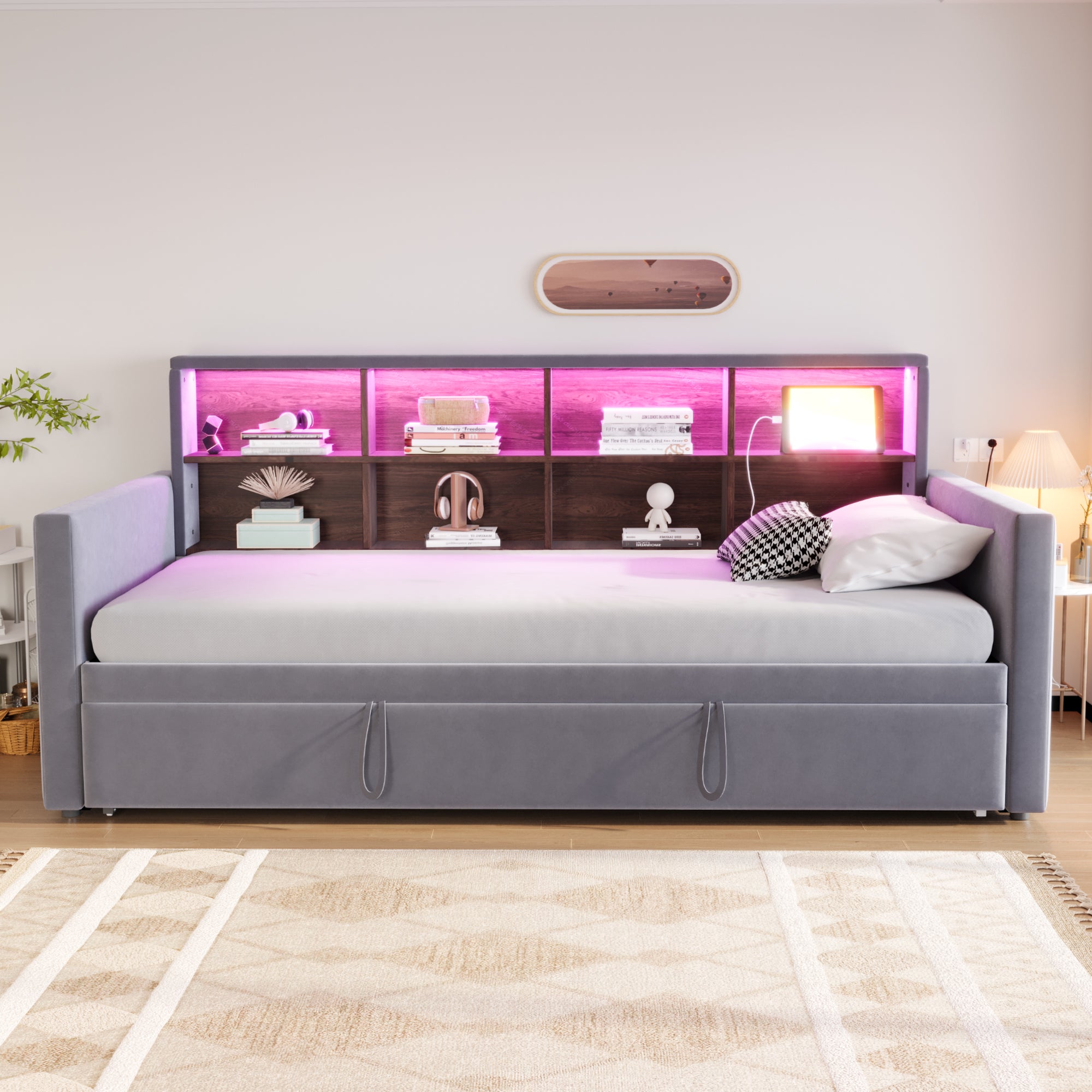Rozkładana sofa z poduszkami 90x190cm - z oświetleniem LED - z gniazdem ładowania - z wysuwane łóżko - tkanina welurowa - Ciemnoszary - 2