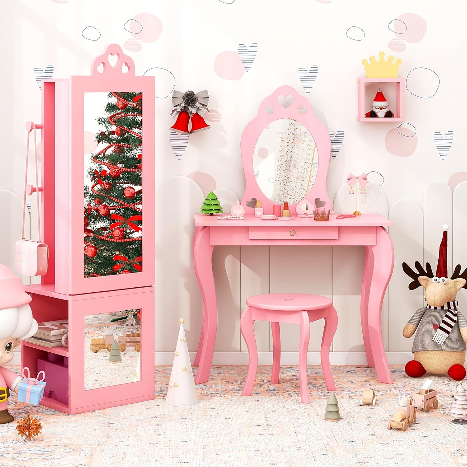 Armadio Portagioie per Bambini, Armadio Porta Abiti 3 in 1 con Specchio a Figura Intera e Appendiabiti, Armadio Organizzatore per Gioielli con - 2