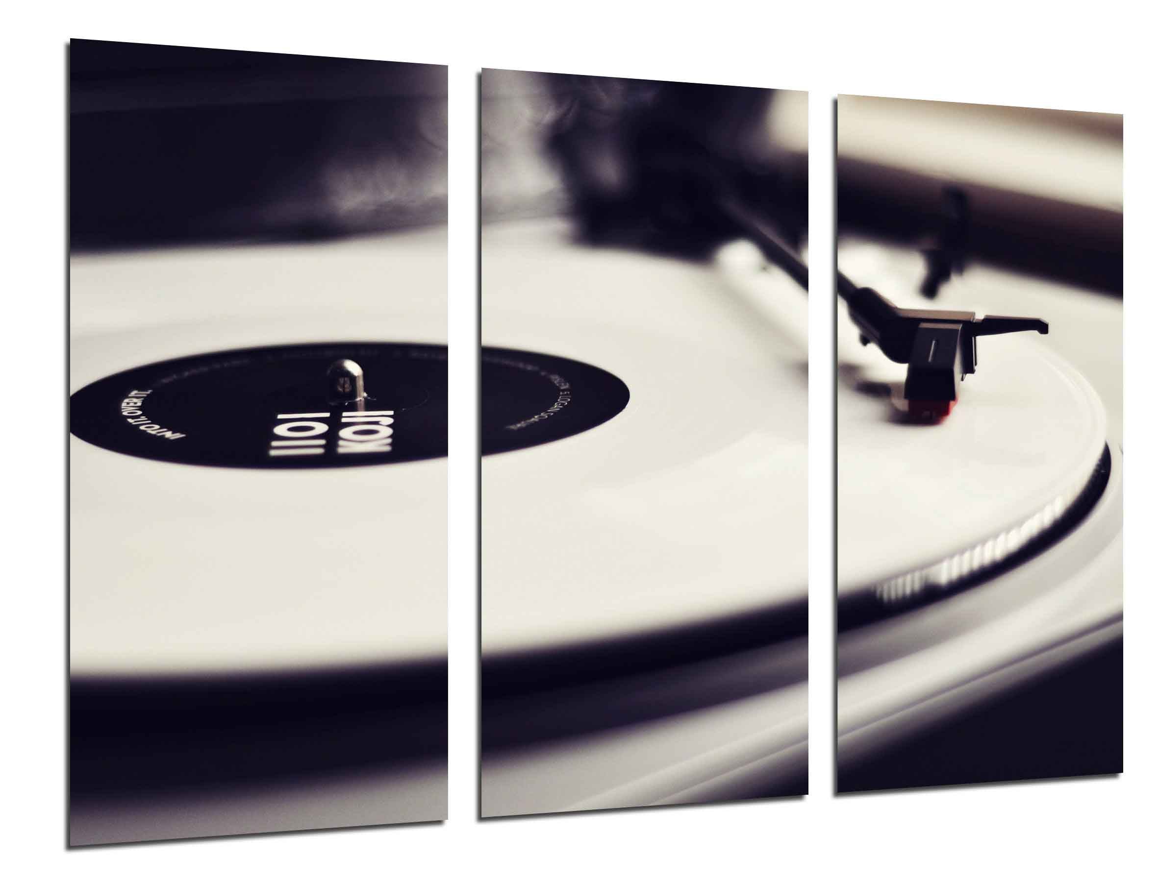 Tocadiscos vintage, discos de vinilo, musica, impresión fotográfica sobre madera, cuadro moderno decorativo
