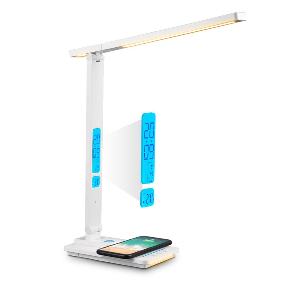 Lampa Biurkowa LED z Ładowarką Bezprzewodową i Portem USB Dotykowa Lampa Stołowa Ekran LCD Lampki Nocne Zegar Budzik Temperatura Lampa Nocna Składana