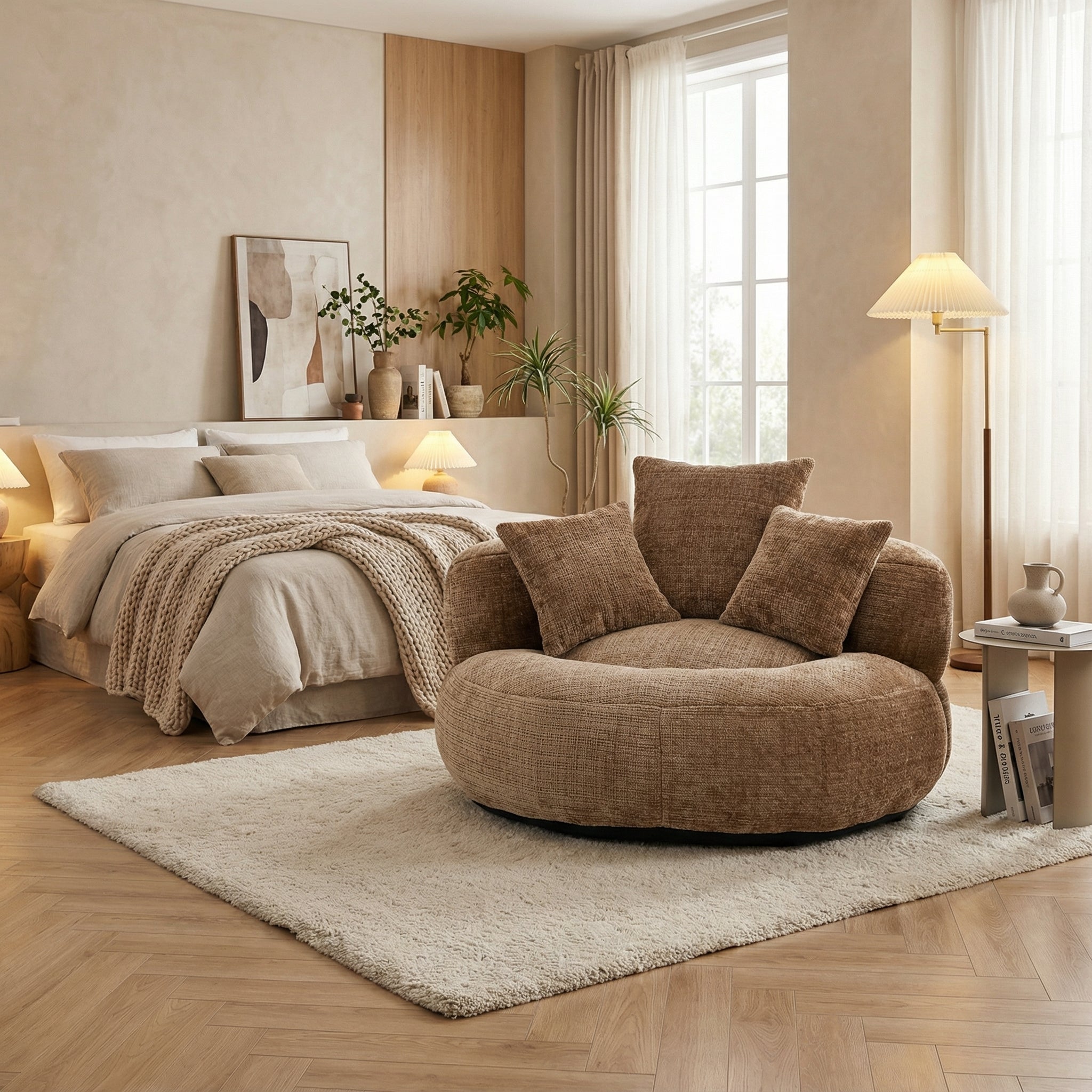 URBAN MEUBLE Pouf fauteuil rond beige en tissu chenille, bean bag confortable avec coussins pour salon et chambre - 3