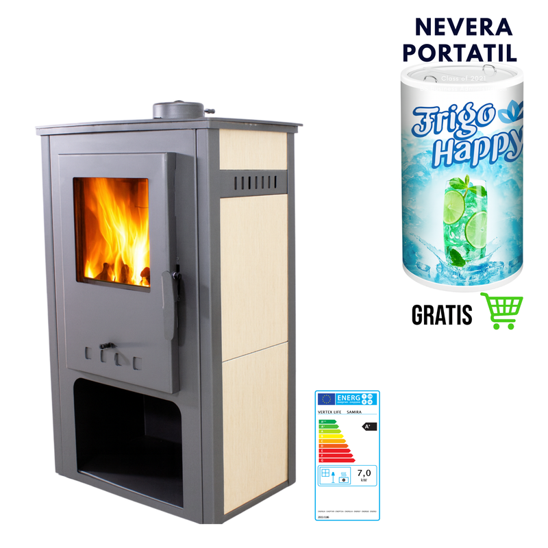 Estufa de Leña 7kW + Nevera portatil | Calienta 150 m³ con Alta Eficiencia | Rendimiento 75%