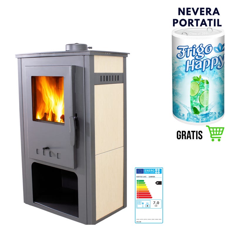 Estufa de Leña 7kW + Nevera portatil | Calienta 150 m³ con Alta Eficiencia | Rendimiento 75%