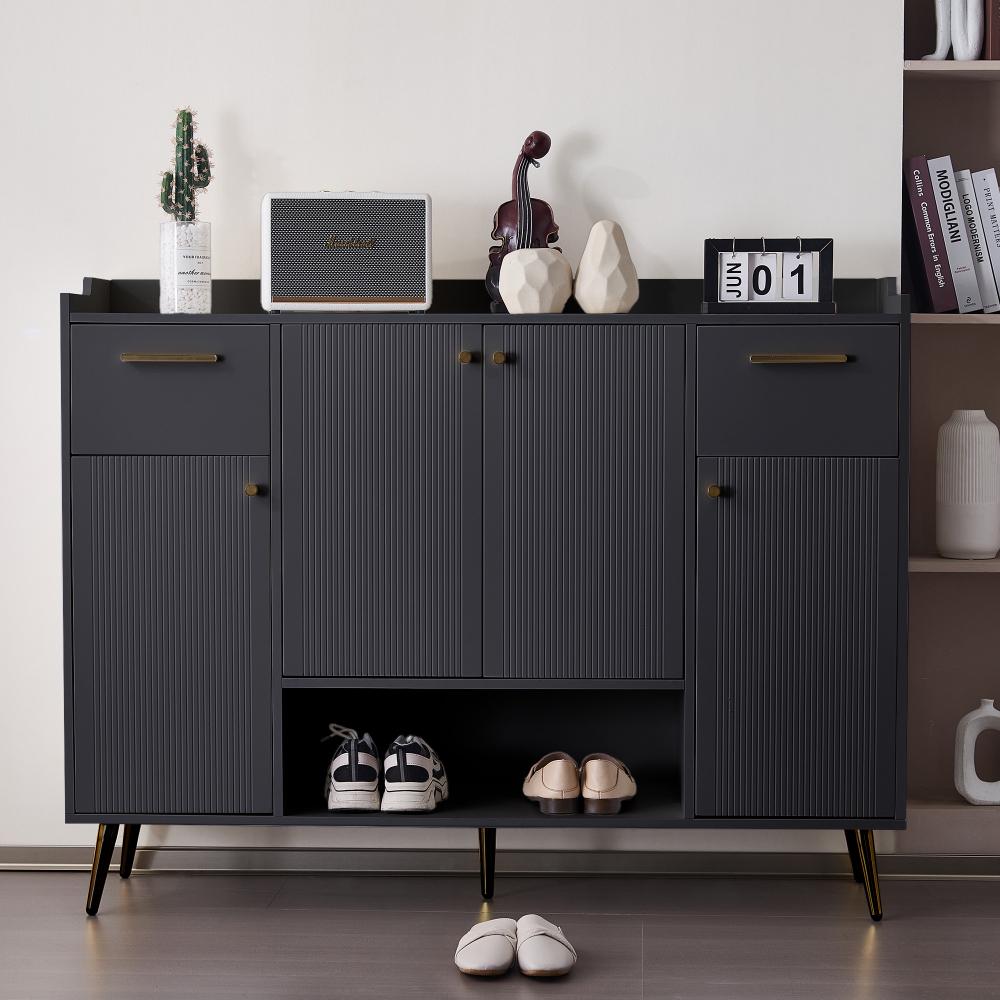 Czarna szafka na buty z 2 szufladami, 4 drzwiczkami i metalowymi nóżkami - Nowoczesne przechowywanie 130x37x100 cm