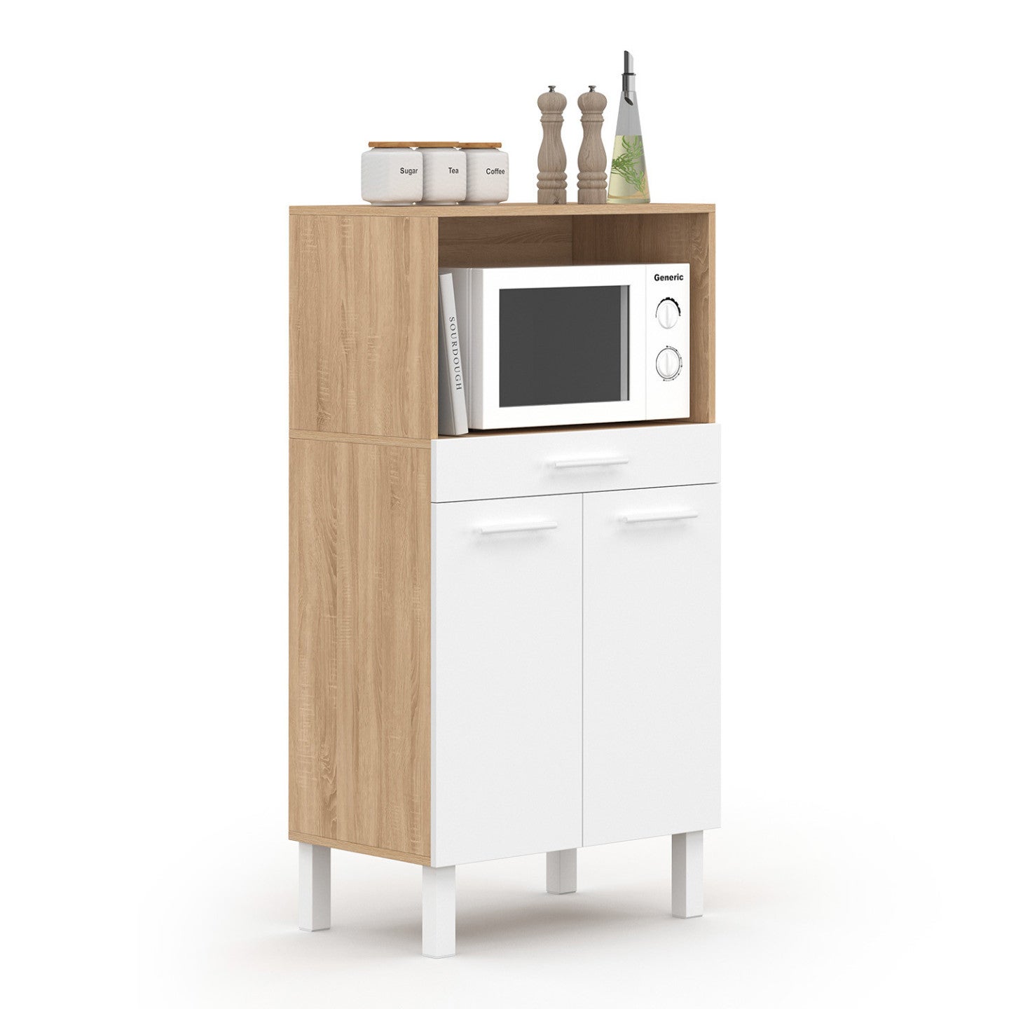 Buffet mi-haut de cuisine pour micro-onde 60 cm CINA 1 tiroir 2 portes façon hêtre et blanc - 2