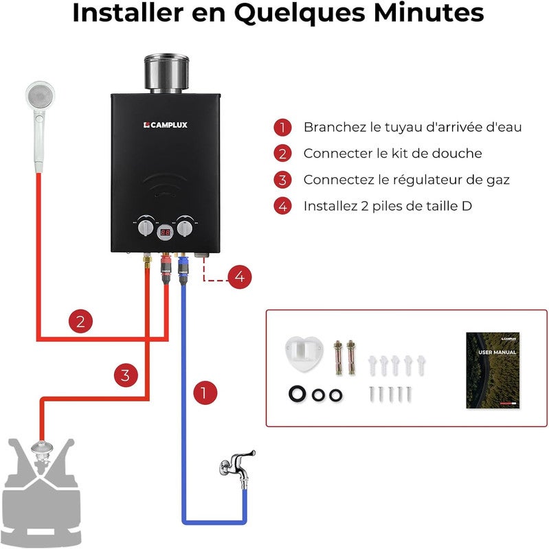 CAMPLUX BW158BC Chauffe-eau à Gaz de 6L/min Avec Housse de pluie, Chauffe-eau instantanés Noir 11KW au gaz propane/butane 30/37mbar - 6