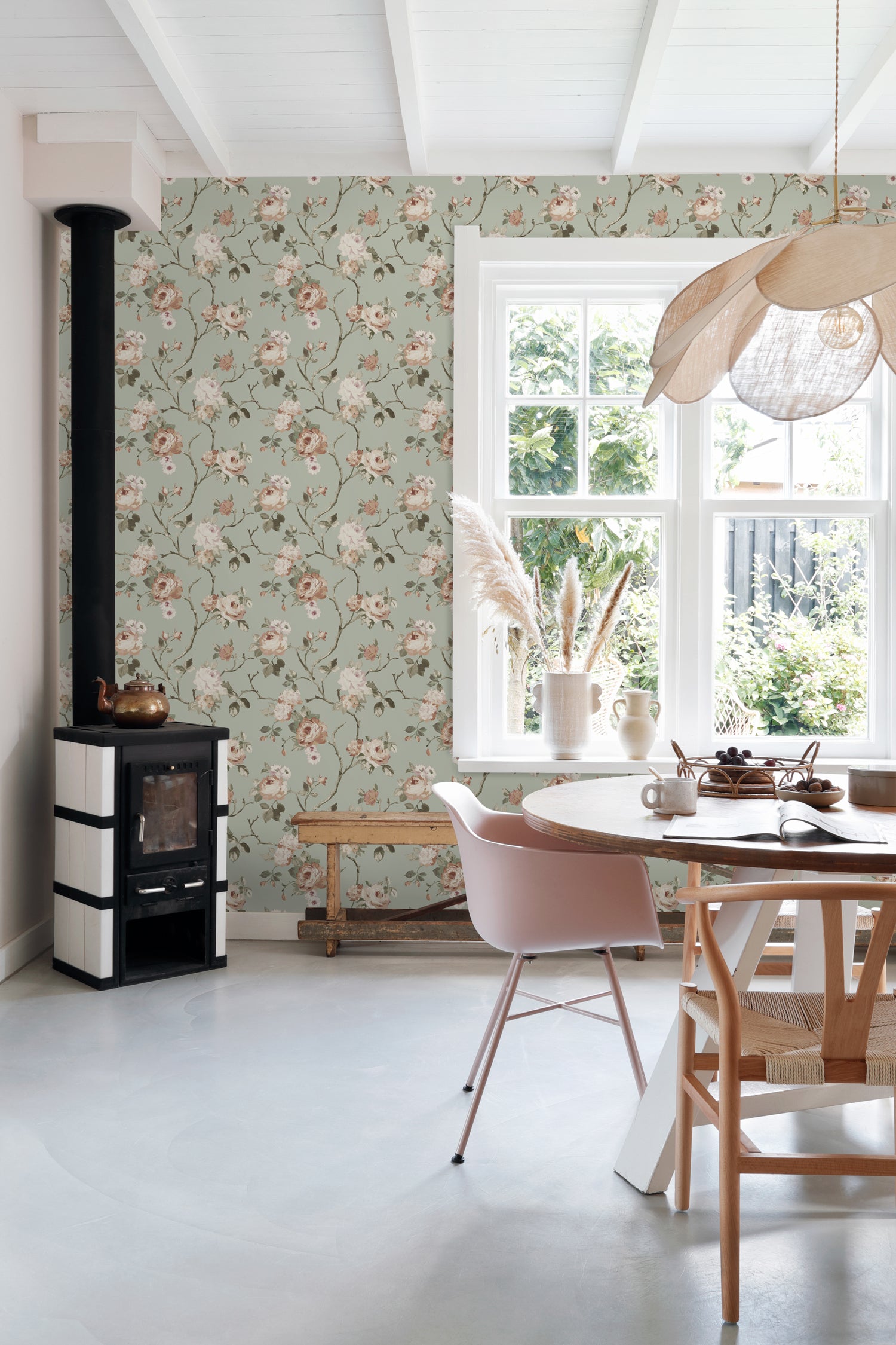 Papel de parede flores vintage verde menta acinzentadoerosa suave - 53 cm x 10.05 m - ESTAhome - 6
