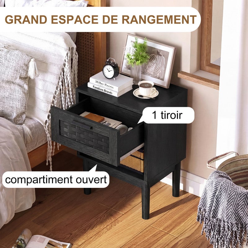 Lot de 2 Table de Chevet, Un Tiroir, Tressage en Rotin, Table de Chevet Moderne, Cadre en Bois, Noir, Table de Chevet - 5