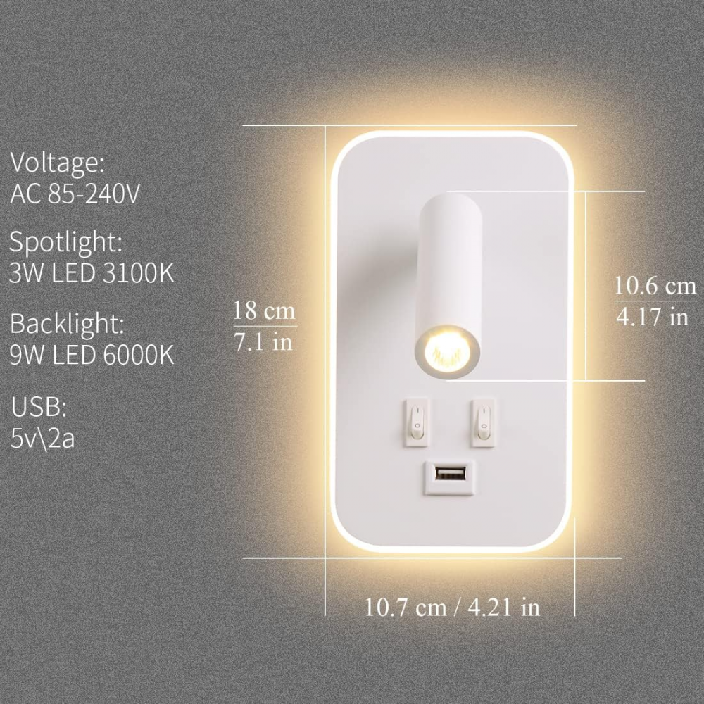 Biała lampa ścienna LED – lampka nocna do czytania z włącznikiem – port ładowania USB – ciepłe światło – regulowany reflektor tworzący nastrój w sypia - 4
