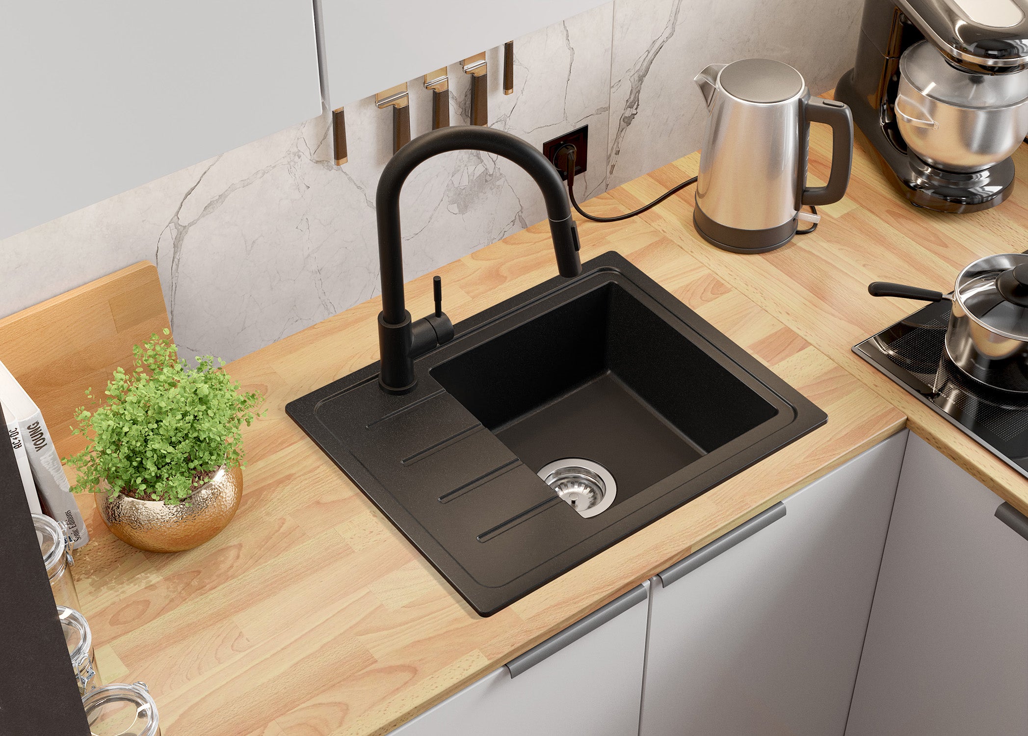 Lavandino da Cucina Nero 55x44cm, Lavello in Granito a 1 vasca + Sifone Classico + Accessori, Lavabo da Cucina Incasso al mobile 45cm PRIMAGRAN - 3