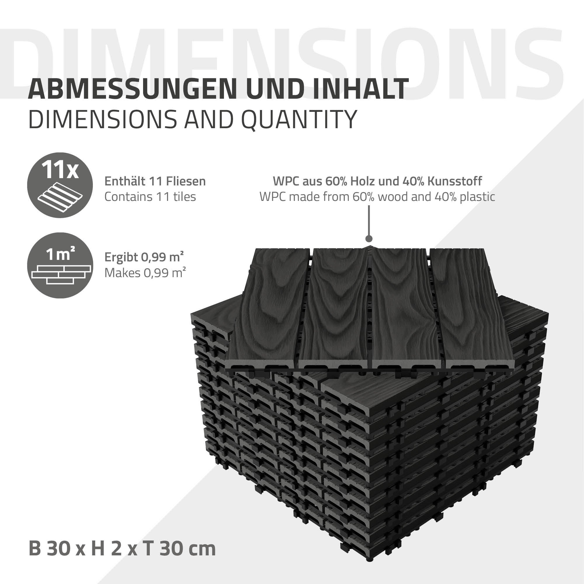 ECD Germany plytki tarasowe wpc 30x30 cm 11 sztuk 1m² kwadratowy antracyt panele podłogowe klik odpływ wodny balkon taras ogród patio weranda - 6