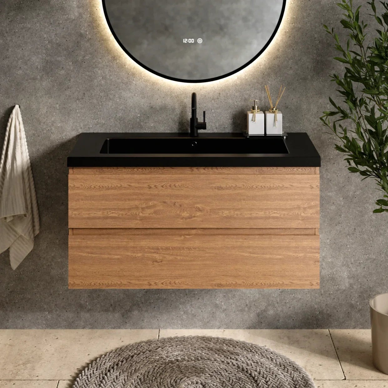 Meuble de salle de bain Sena - 100 cm - Chêne chaud - Vasque noire - 2