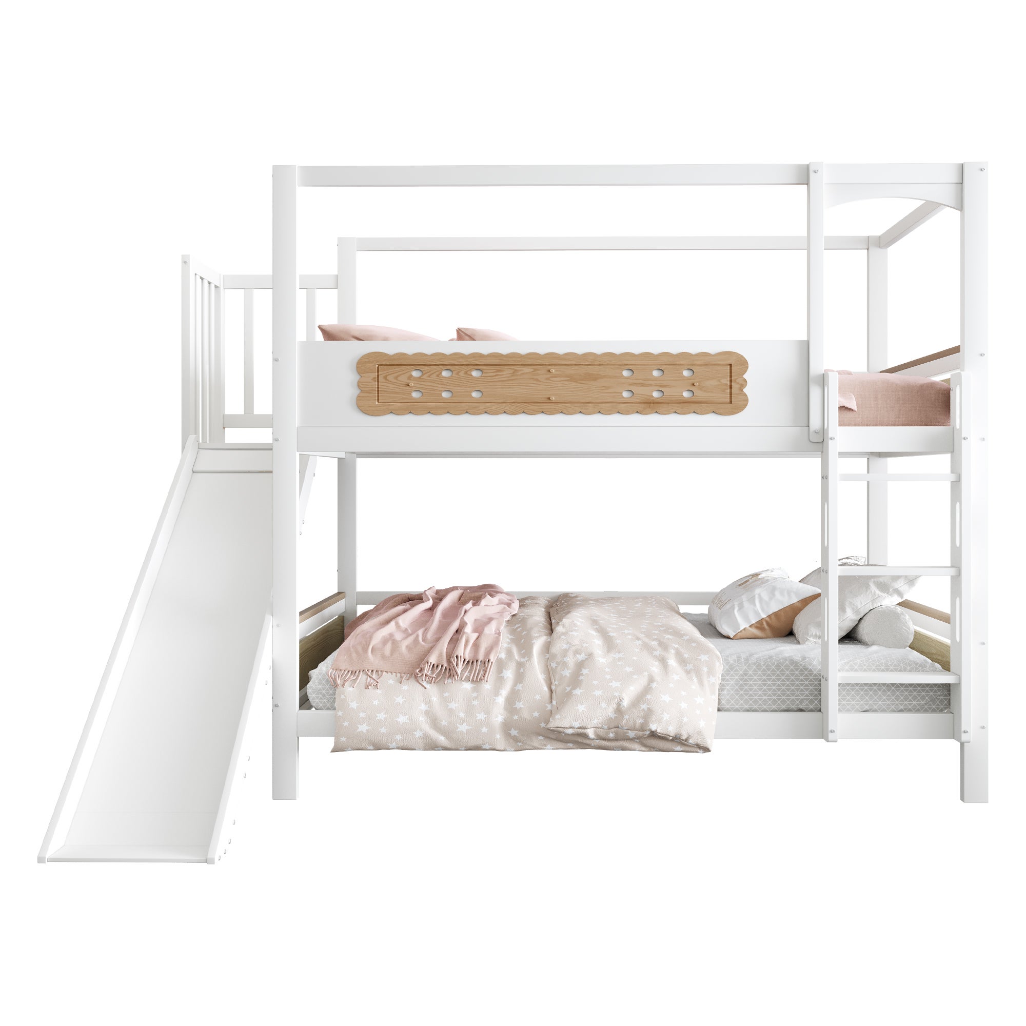 Łóżka piętrowe 2 x 90 x 200 cm z barierkami i zjeżdżalnią - Sosna + sklejka + MDF - Białe (Materace nie są wliczone w cenę) - 7