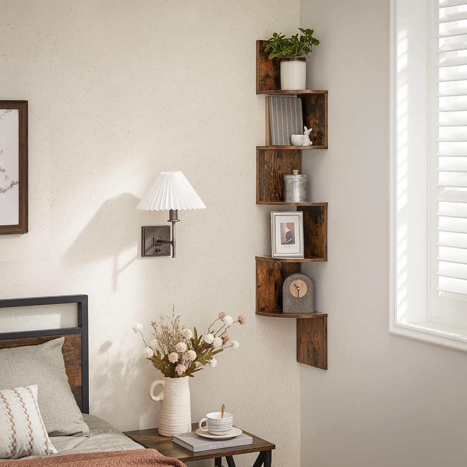 EstanterÍa de Esquina en Pared, EstanterÍa Esquinera de 5 Niveles, Estanteria Libros, para Dormitorio, Sala de Estar, MarrÓn RÚstico - 7