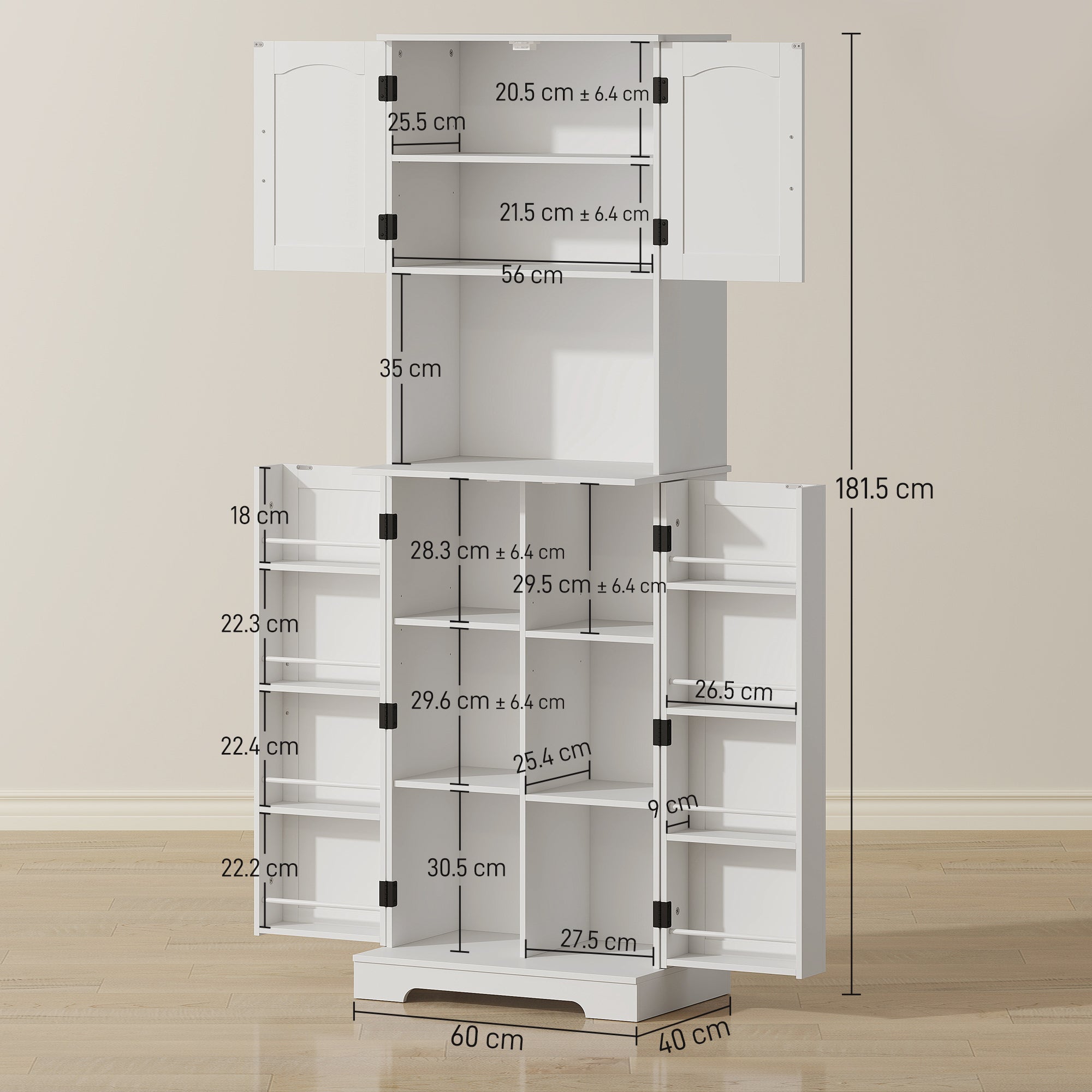 Meuble de cuisine de 181,5cm de haut,avec 8 étagères à épices sur la porte,4 portes,étagères réglables,support pour micro-ondes,blanc. - 5