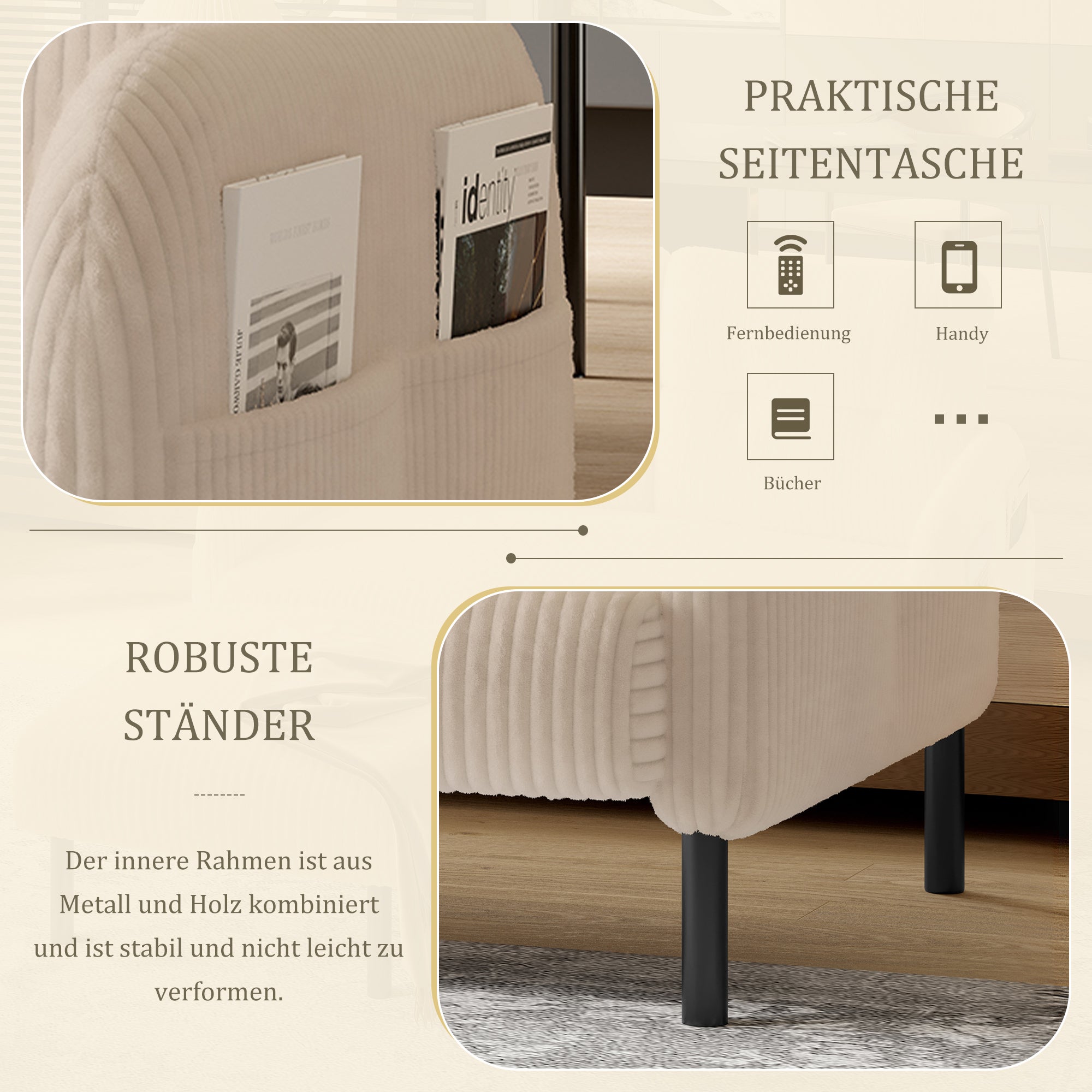 Canapé 2 places velours côtelé - Dossier haut pieds métal poches latérales pour salon/bureau - 2