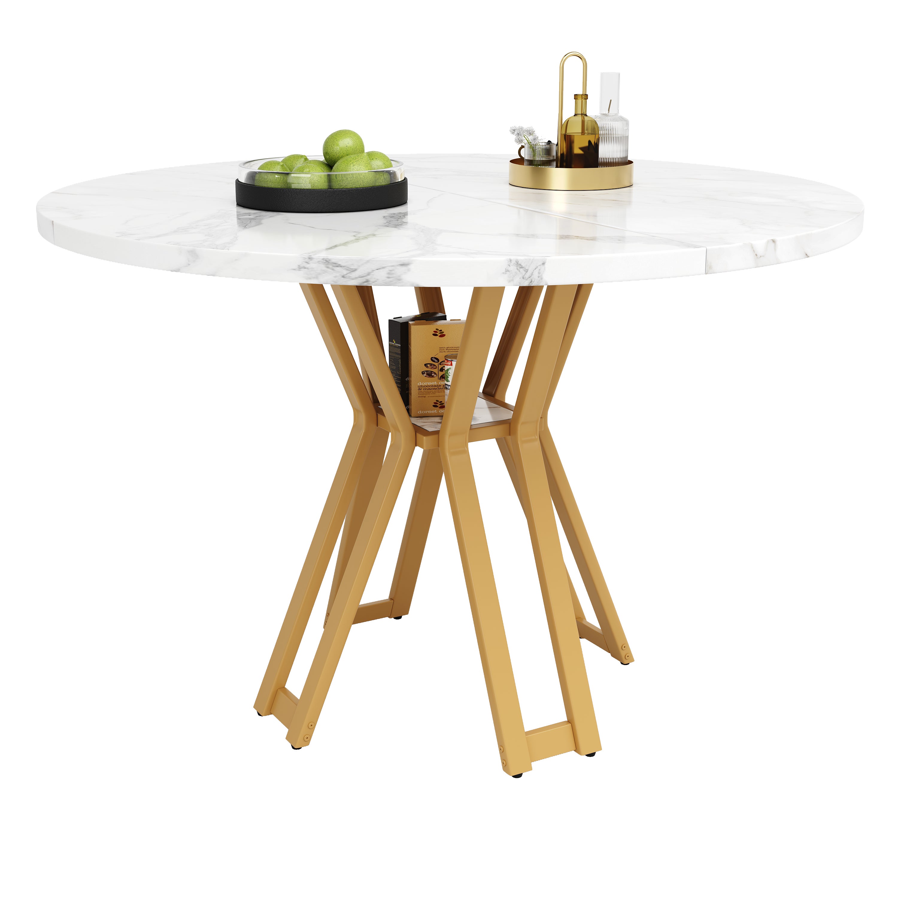 Okrągły stół jadalny dla 4-6 osób - D 100 x W 76 cm - Blat z płyty MDF marmurkowy i nogi metalowe w kolorze złotym - Biały + złoty - 9
