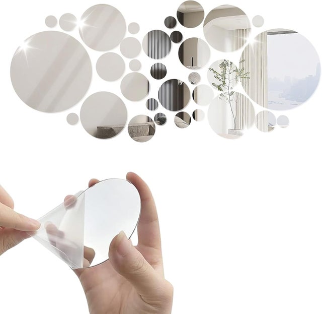Argent，32 Pièces Miroir Stickers Muraux, Miroirs Ronds Autocollants 3D Rond Miroir Acrylique Adhésif Autocollant Mural, Miroir Détachable DIY Auto-adh