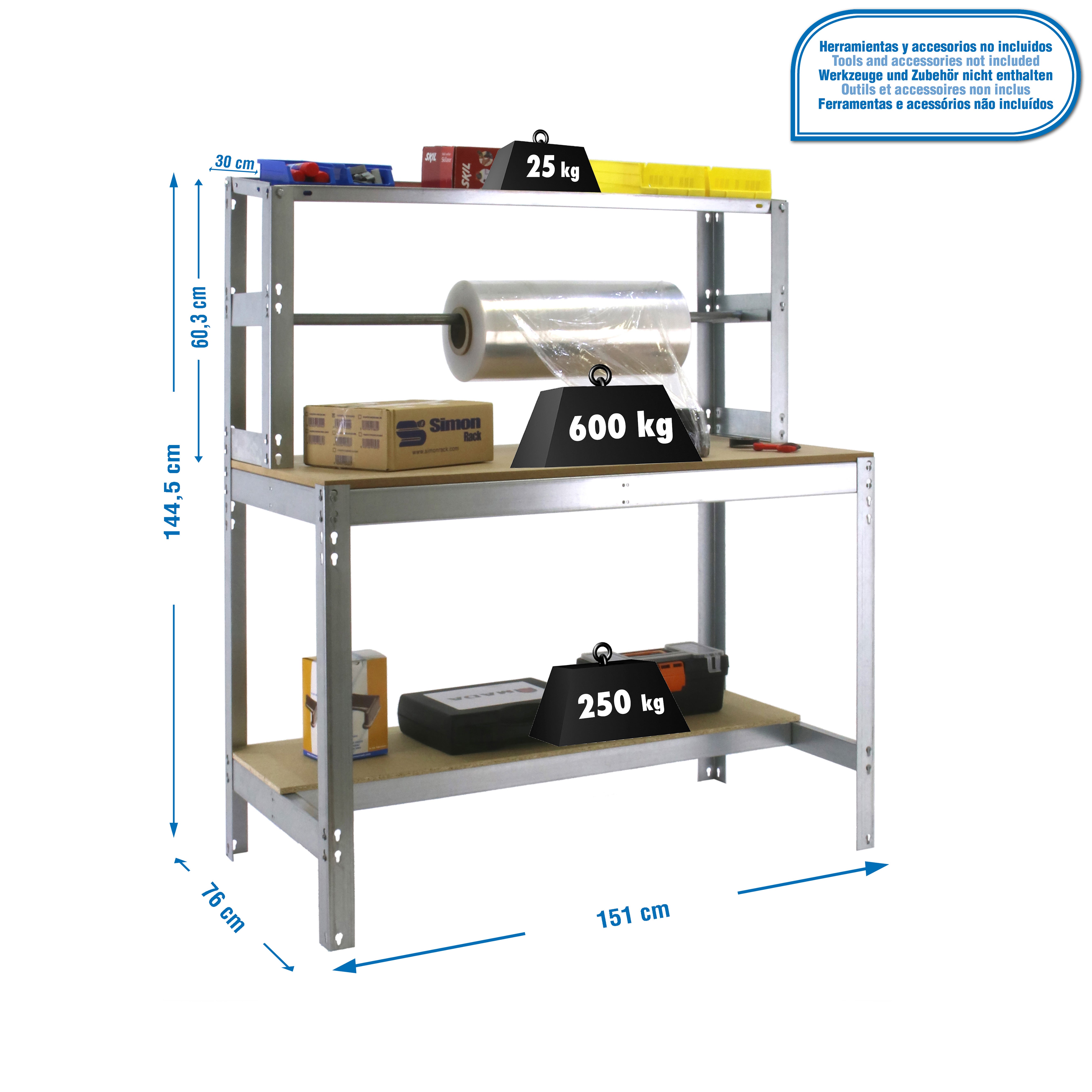 Bancada de trabalho SIMONWORK com 3 prateleiras (144,5x151x76cm) GALVA E MADEIRA - 2