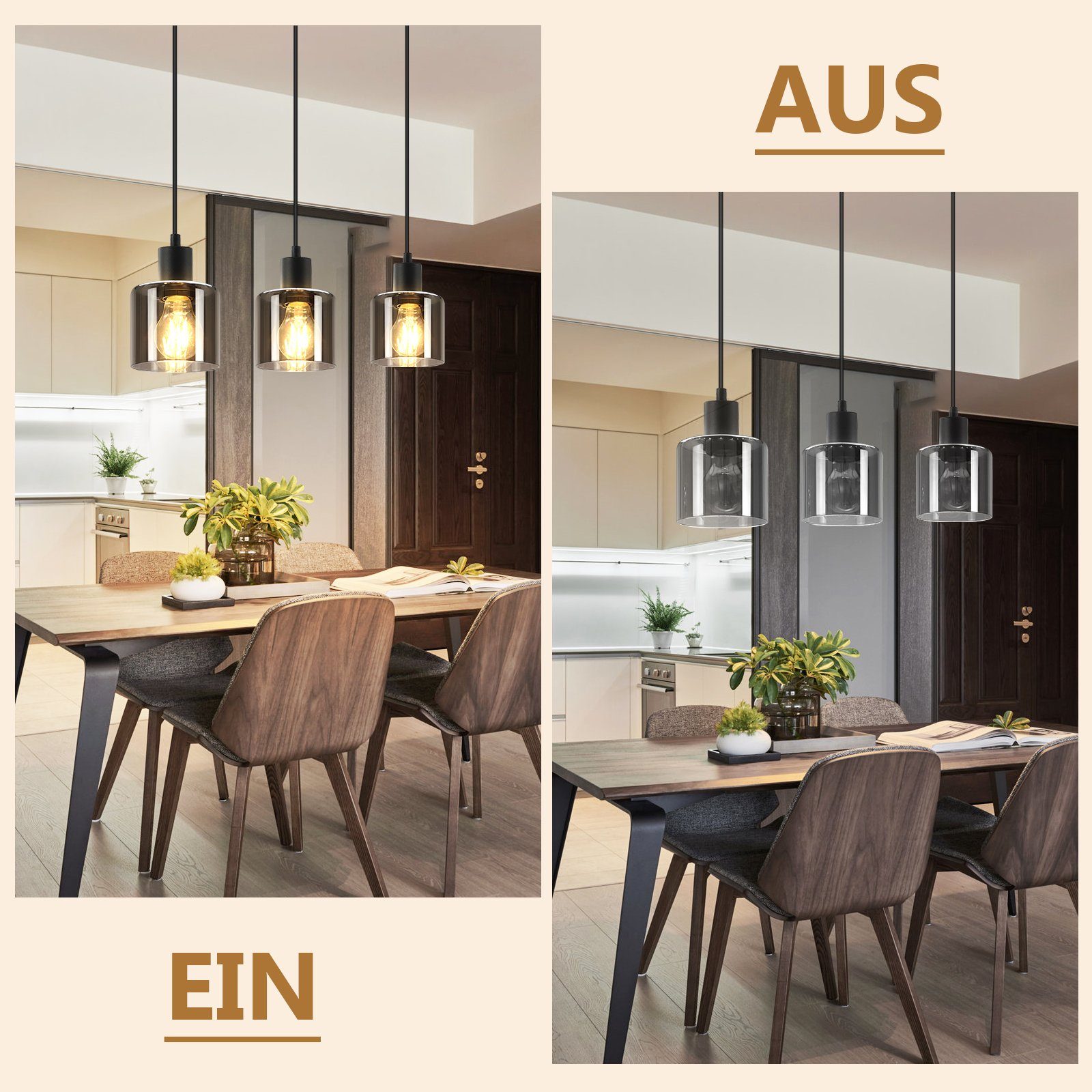 NETTLIFE Lámpara Colgante Vidrio Negro Diam.68 cm E27 Vintage 3 Bombillas Lámpara de Lámpara Industrial Retro para Sala de Estar Hotel Oficina - 5