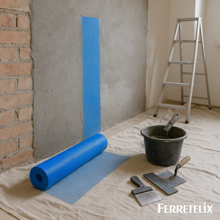 FERRETELIX® Malla fibra de vidrio para Revocos Mortero Azul Rollo 1 mt x 50 mts luz de 10x10 - 7