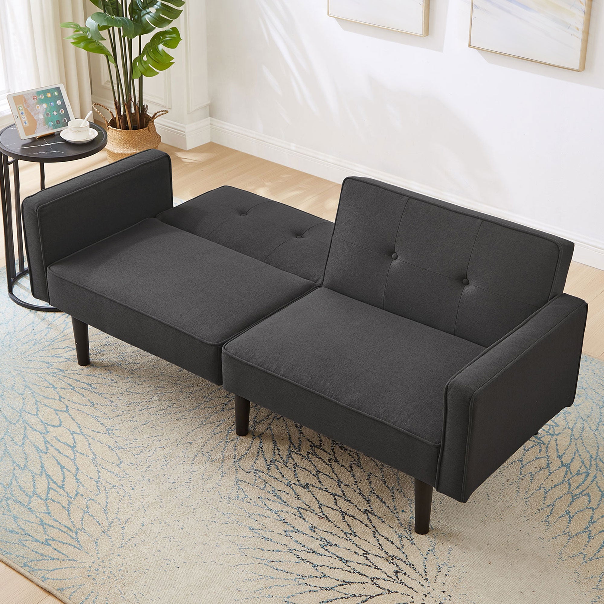 Sofá 2 en 1 (176x76x74 cm) - Chaise longue - Doble respaldo ajustable - Función cama - Tejido algodón-lino - Espuma alta densidad - Negro - 3