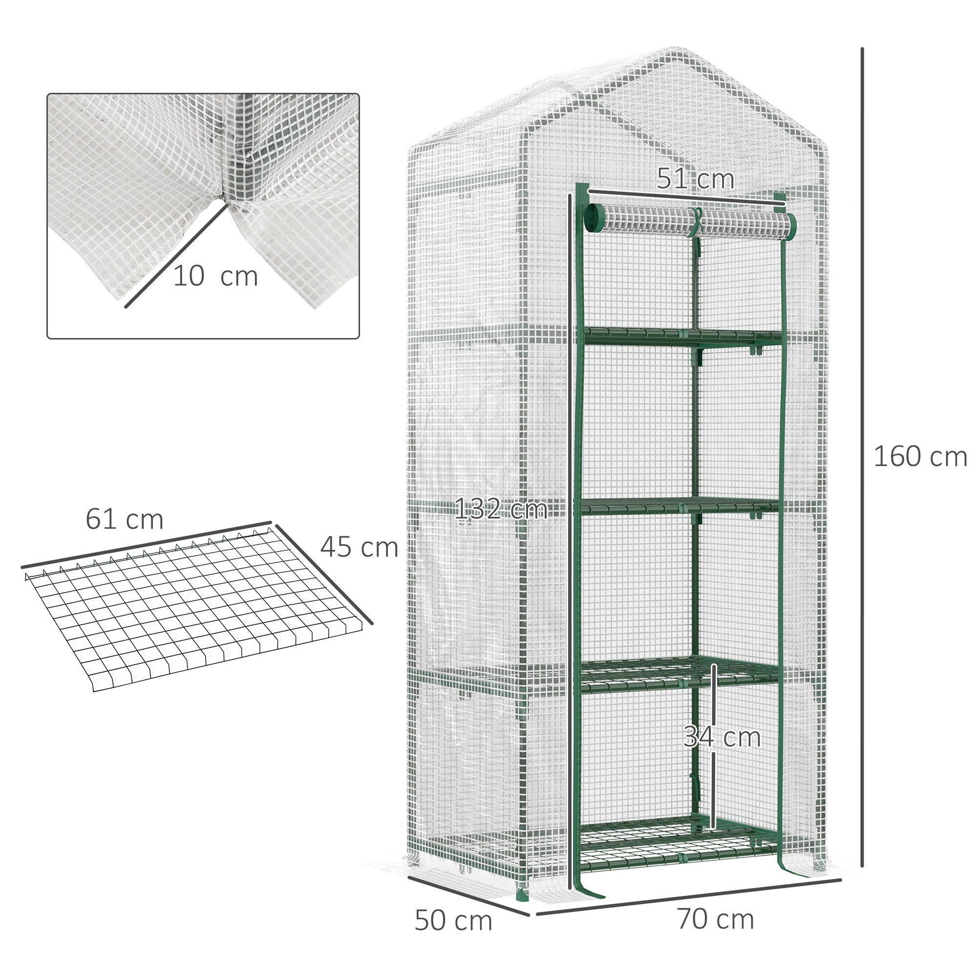 Outsunny Serre de jardin PE avec étagères 4 niveaux, serre de balcon, bâche renforcée 140 /m², châssis en acier, porte zippée enroulable 70x50x160cm - 5