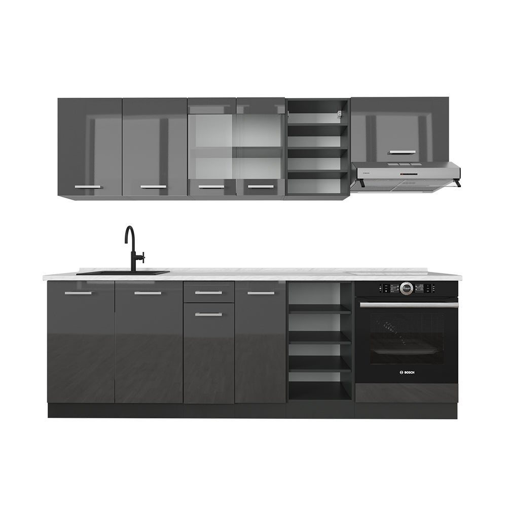 Vicco Zabudowa kuchenna R-Line, Antracyt wysoki połysk/antracyt, 240 cm , BP Marmur