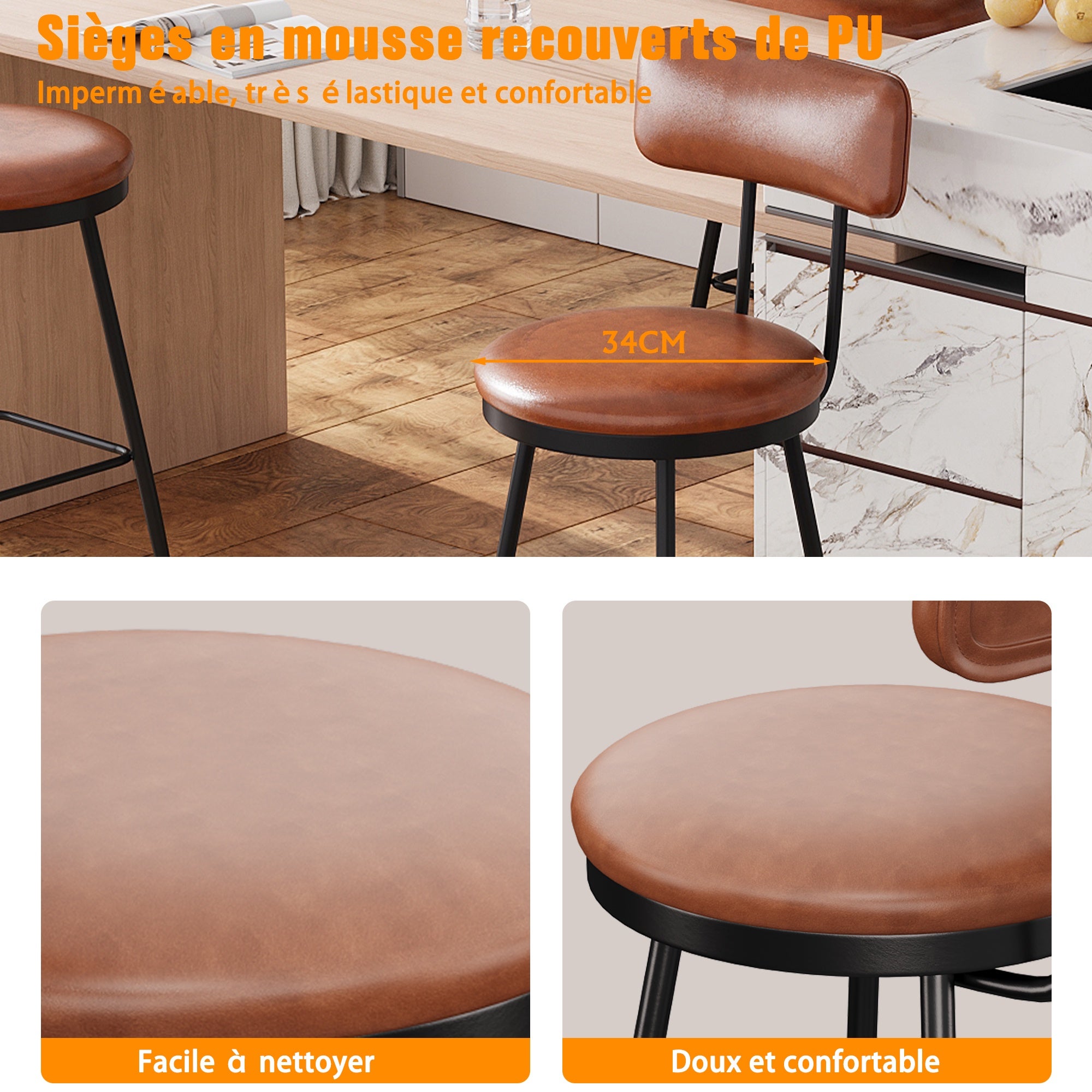 Lot de 4 Tabourets de Bar - Chaise Haute de Cuisine avec Dossier et Repose-pieds - Design Rétro et Robuste - en PU Marron - 8
