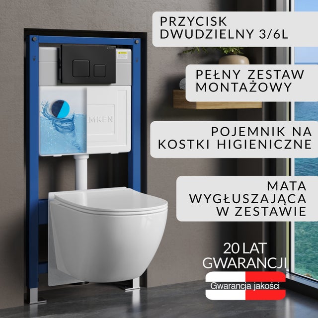 Zestaw podtynkowy WC Helmken 6w1: Stelaż, Czarny Mat (F) Przycisk, Miska bezkołnierzowa 35103001, Deska wolnoopadająca, Pojemnik na kostki, Mata