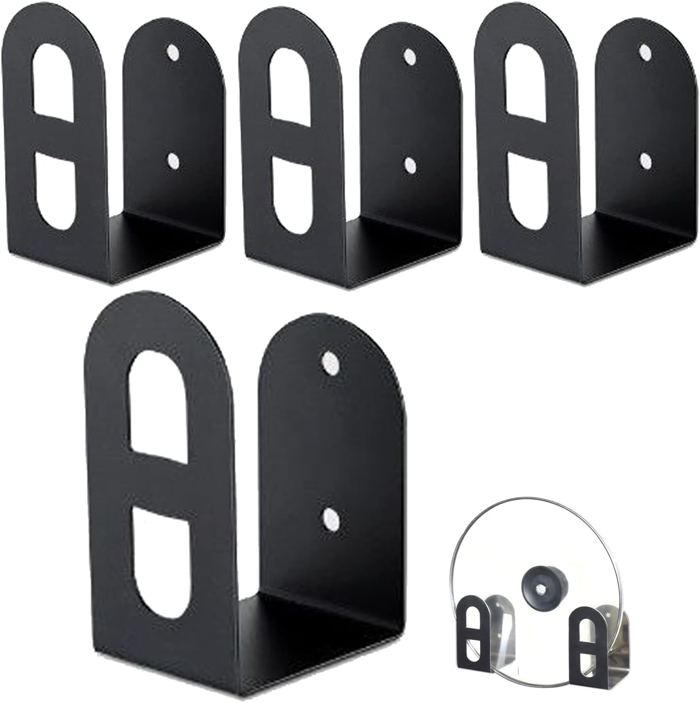 Czarny uchwyt na pokrywki do garnków montowany na ścianie, zestaw 4 uchwytów ze stali nierdzewnej z wiskozą, montaż bez wiercenia, podwójne zastosowa