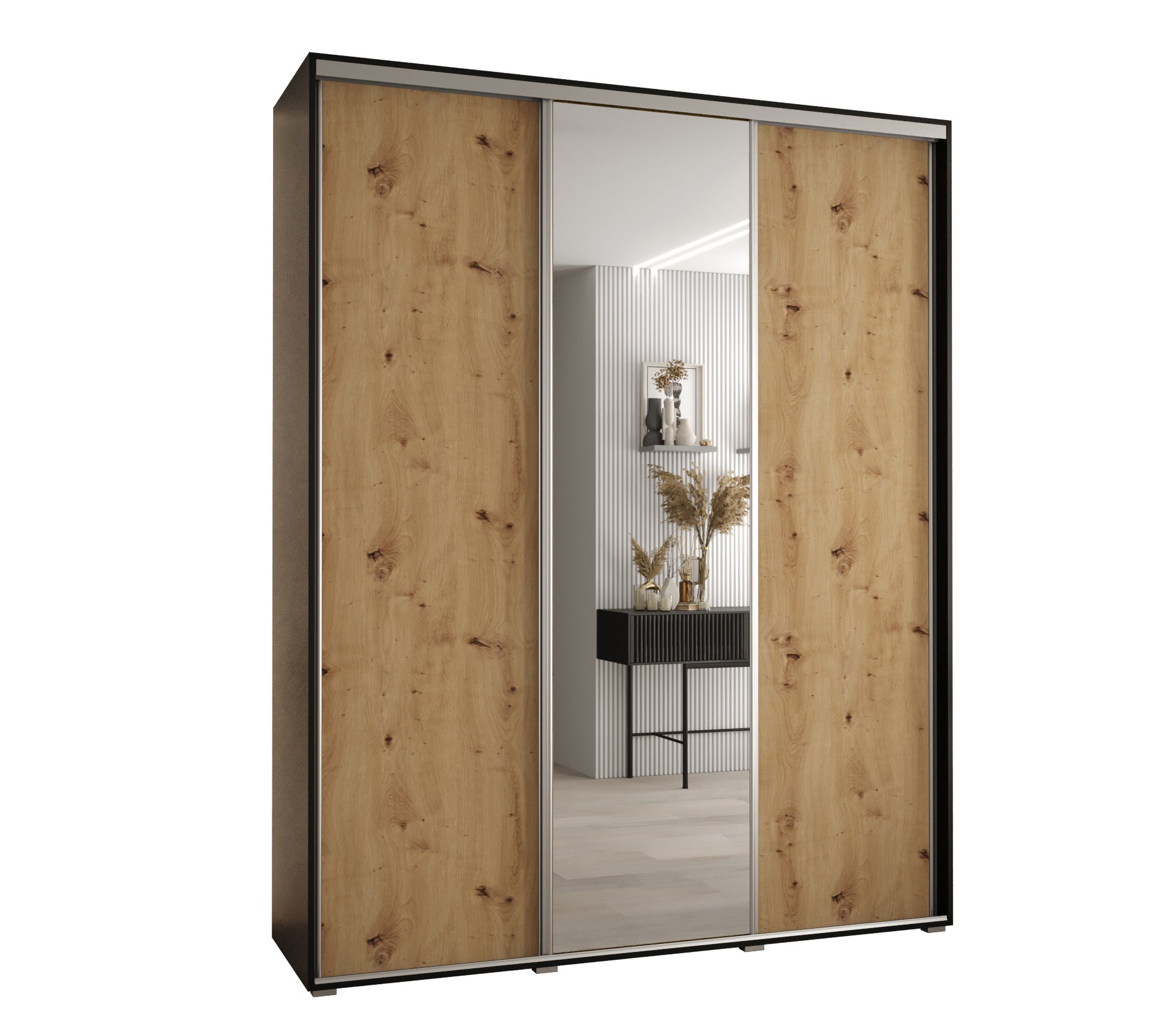 Szafa przesuwna z lustrem wysoka Davos 3 200 x 60 x 235,2 cm czarny + artisan + u. srebrny - Abiks Meble