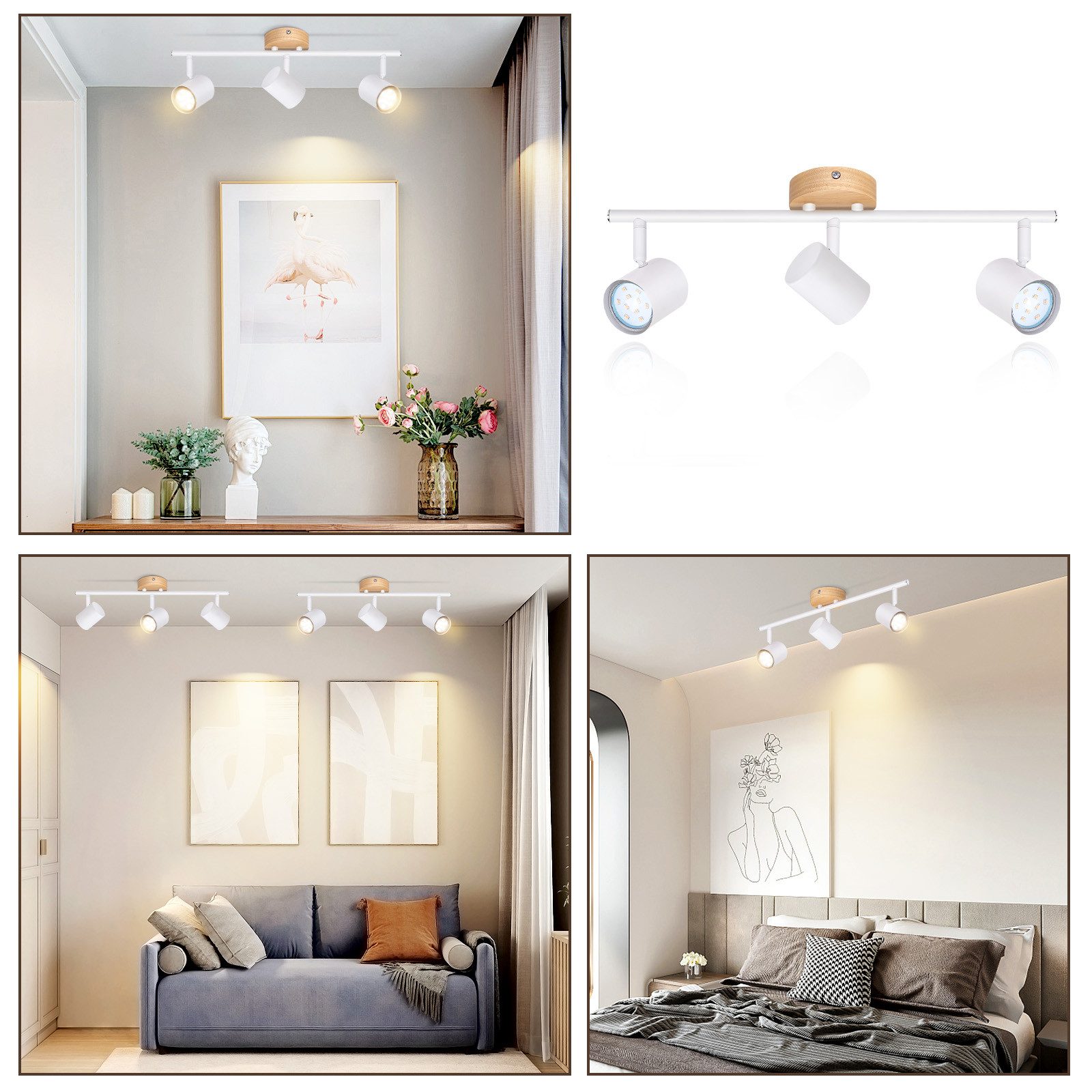 NETTLIFE LED a soffitto 3 fiamma - Bianco Faretto orientabile GU10 a soffitto Applique in legno Applique per soggiorno Senza lampadina - 7