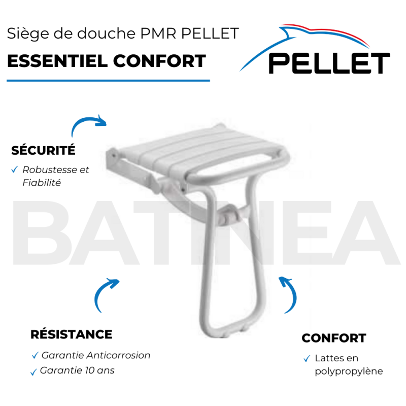 Siège de douche PMR PELLET Essentiel confort escamotable avec pied aluminium époxy blanc lattes blanches - 3