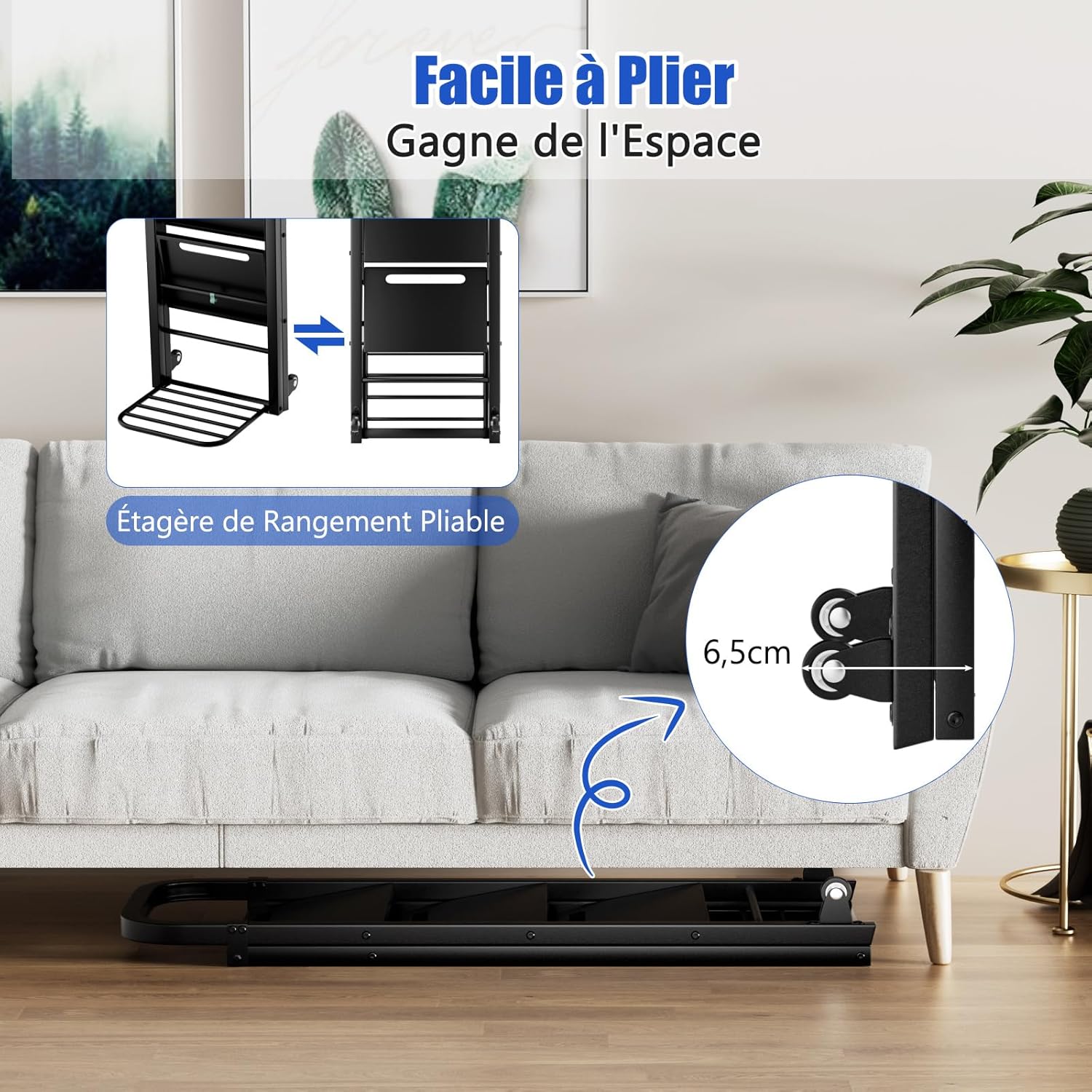 Escabeau Pliable à 3 Marches, Chariot Echelle 2 en 1 avec 2 Roues en Caoutchouc, Chariot Utilitaire en Fer, Charge 250Kg, Noir - 6